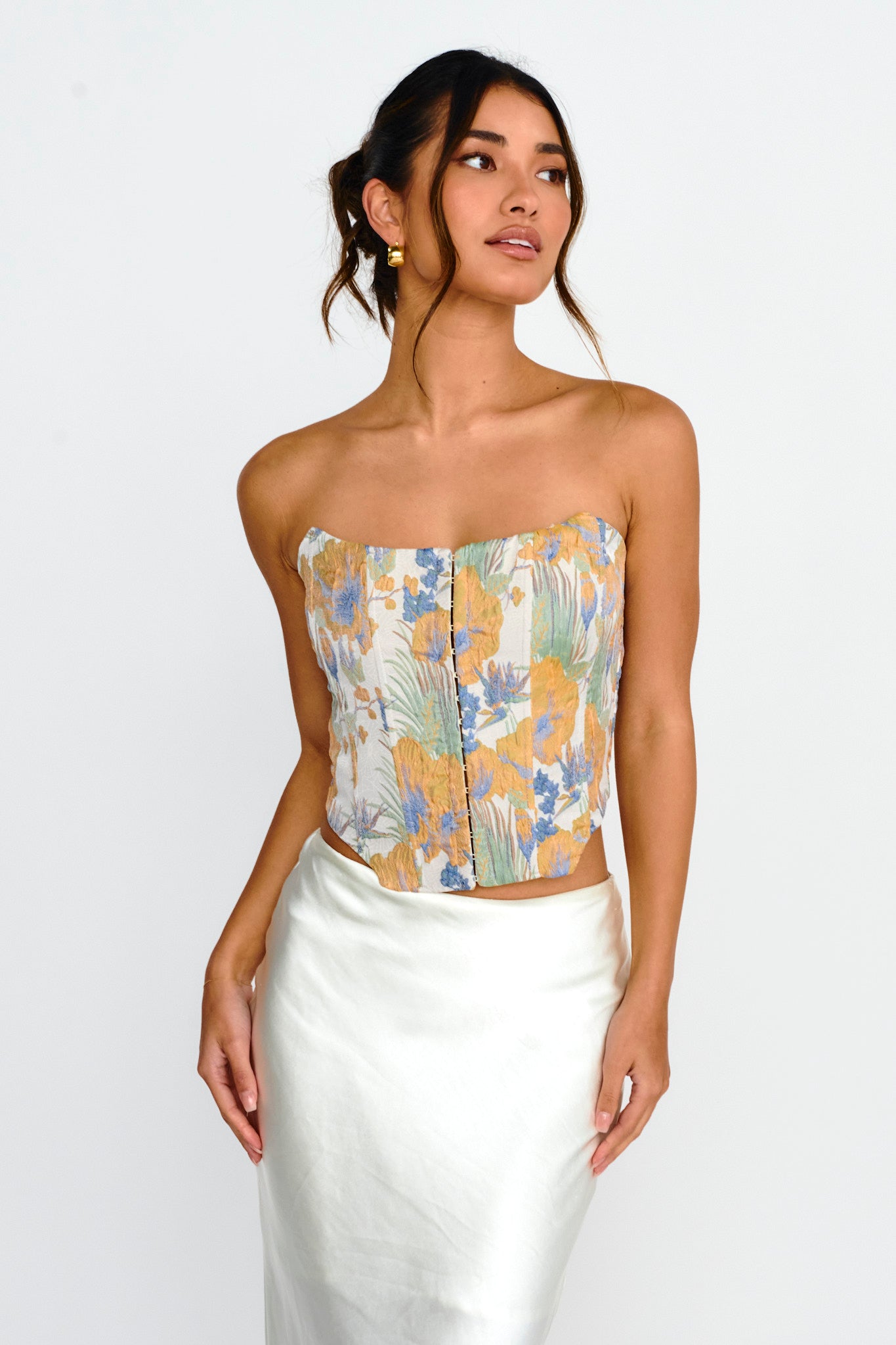 First Date Feels Corset Crop Top Floral Tan by Selfie Leslie Australia