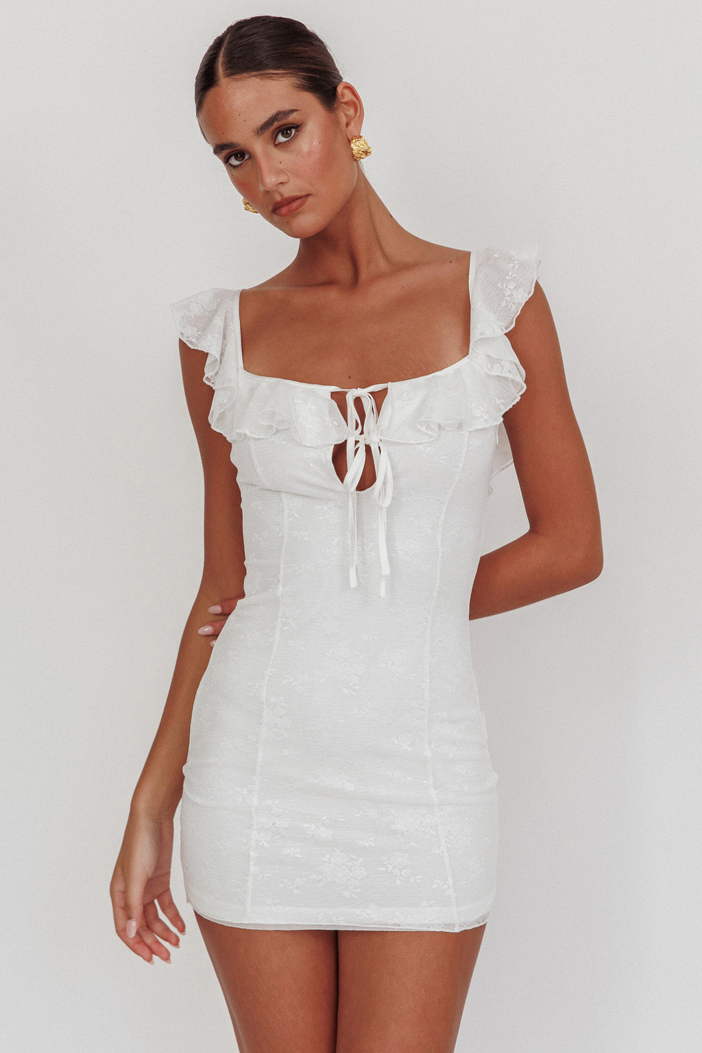Sweet Saturday Tied Bust Ruffle Mini Dress White by Selfie Leslie Australia