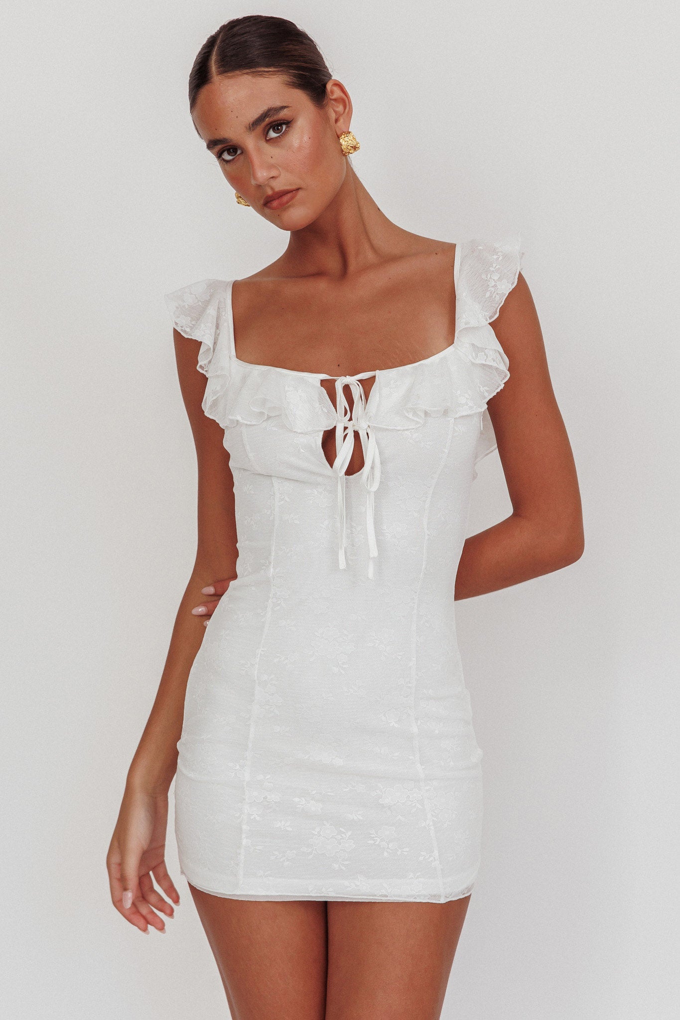 Sweet Saturday Tied Bust Ruffle Mini Dress White by Selfie Leslie Australia