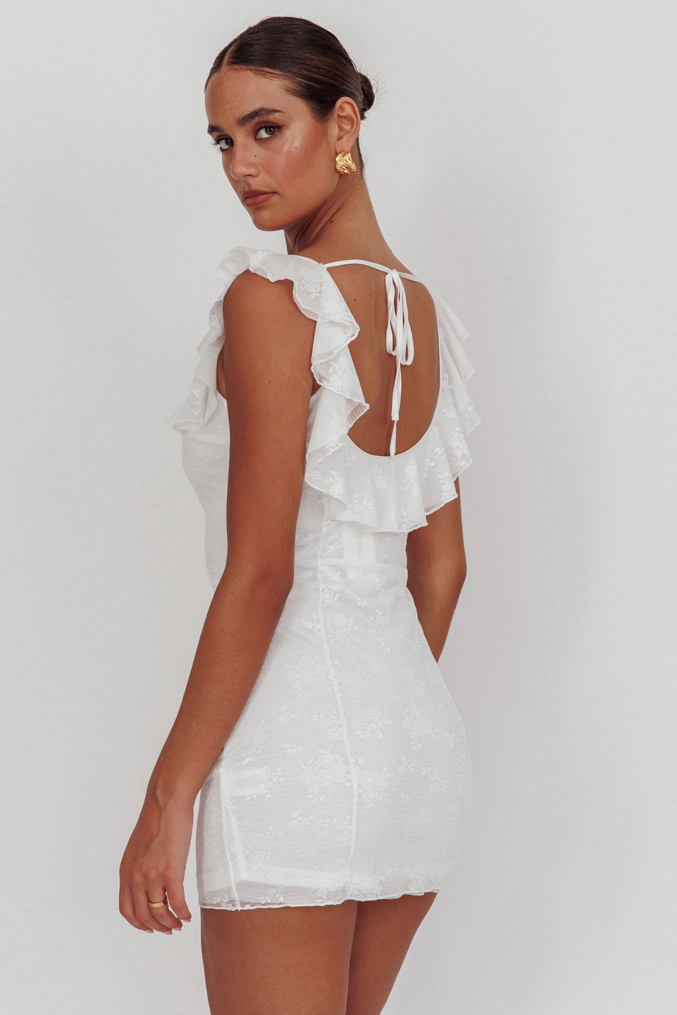 Sweet Saturday Tied Bust Ruffle Mini Dress White by Selfie Leslie Australia