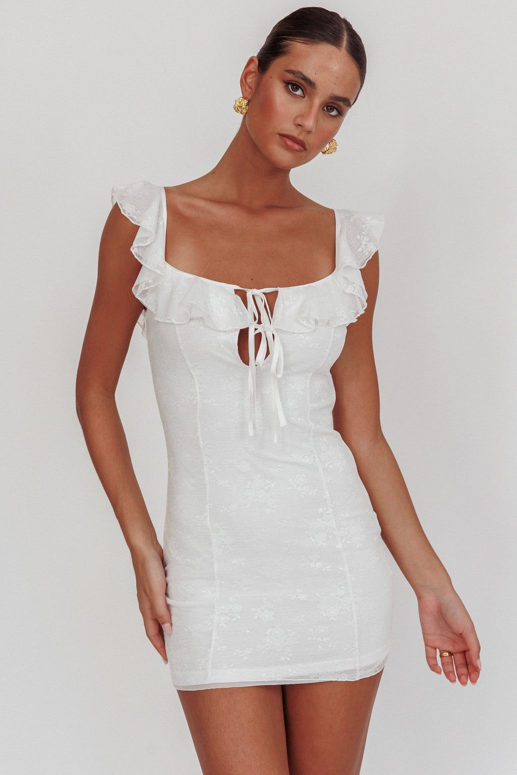 Sweet Saturday Tied Bust Ruffle Mini Dress White by Selfie Leslie Australia