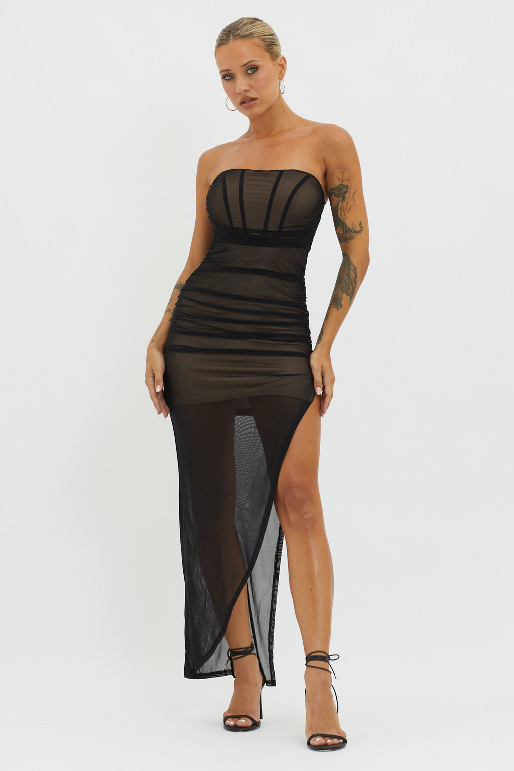 LA Nights Strapless Sheer Midi Dress Black/Nude by Selfie Leslie Australia