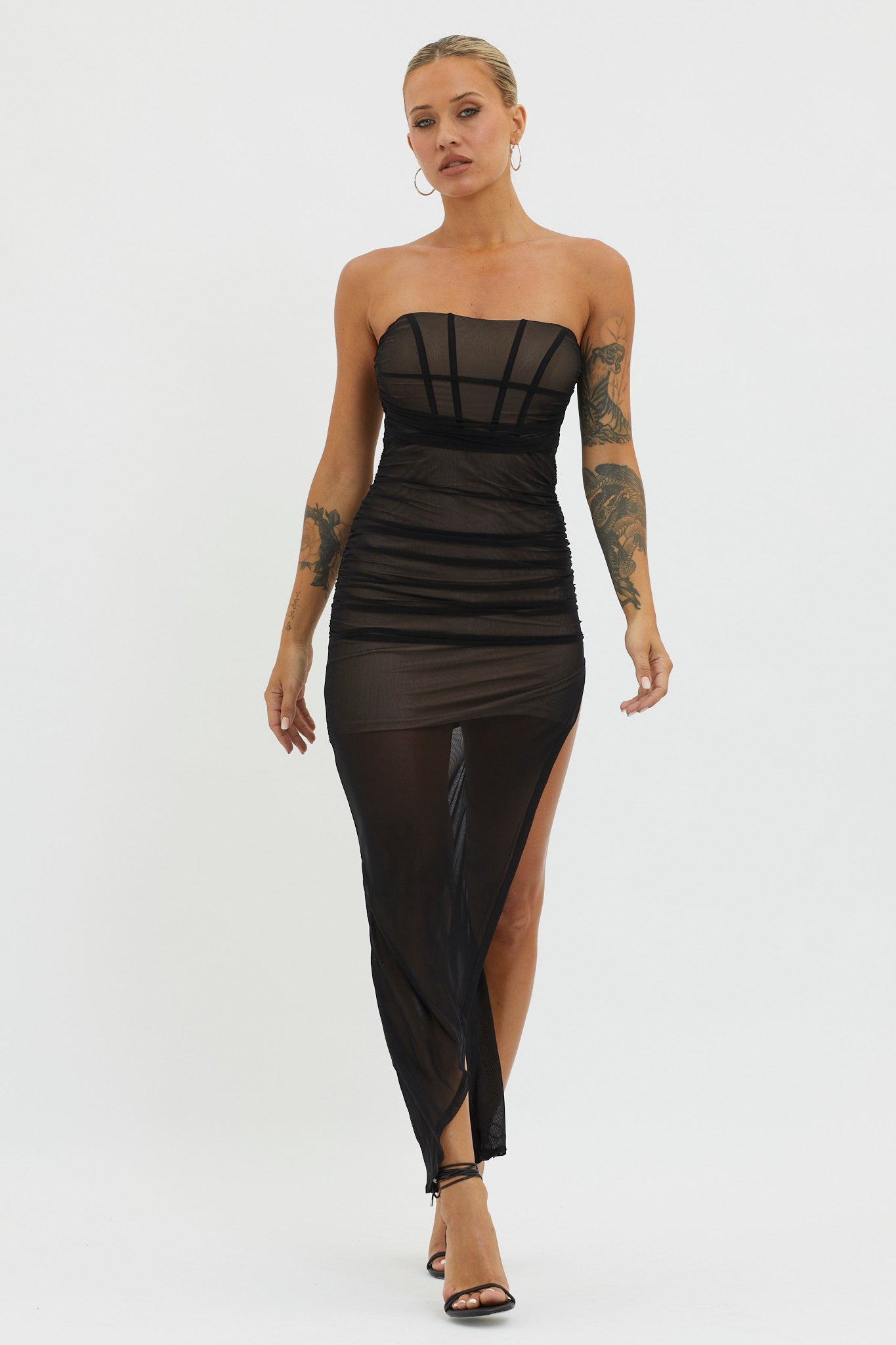 LA Nights Strapless Sheer Midi Dress Black/Nude by Selfie Leslie Australia