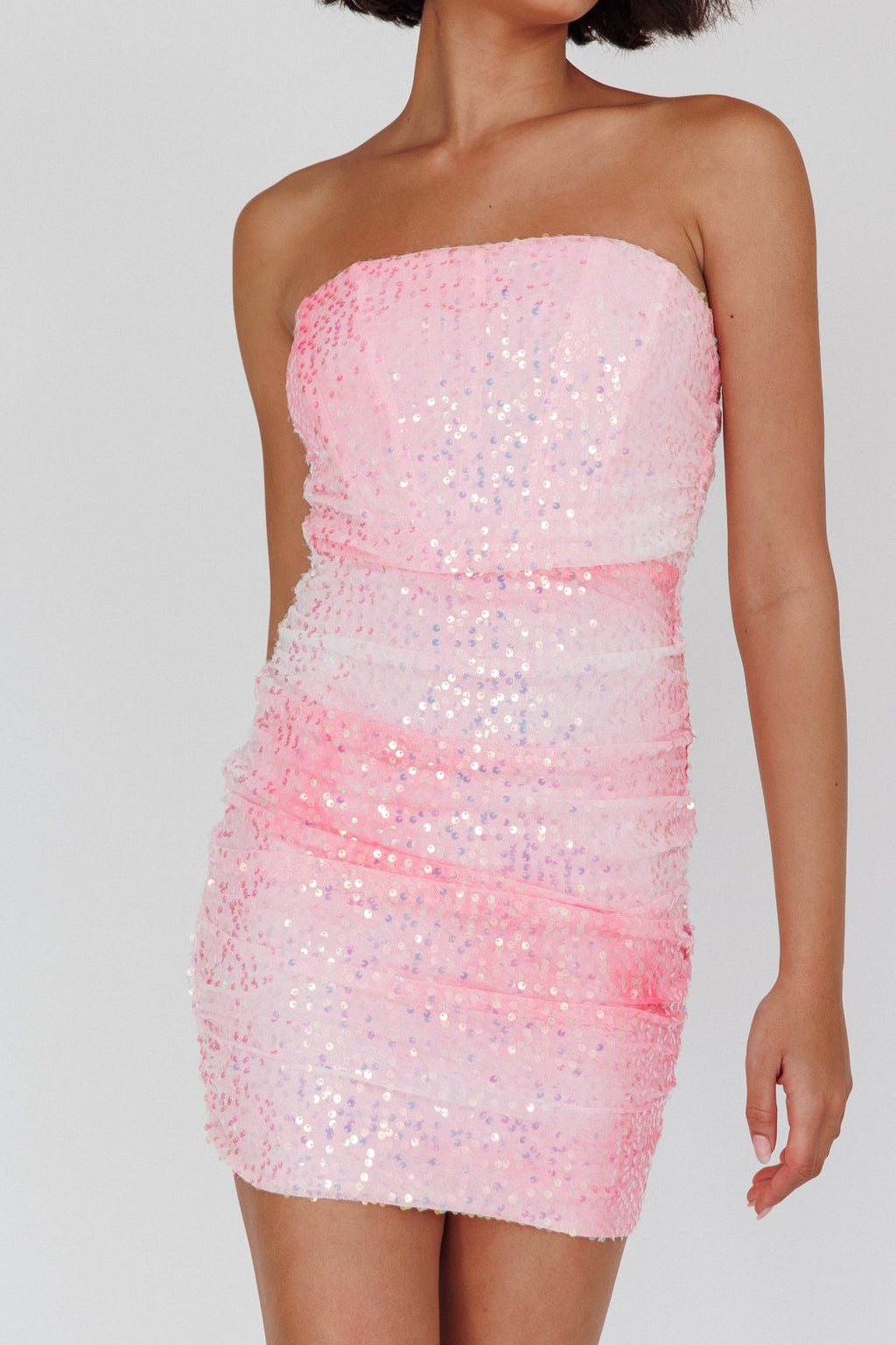 Calen Ruched Sequin Mini Dress Pink by Selfie Leslie Australia