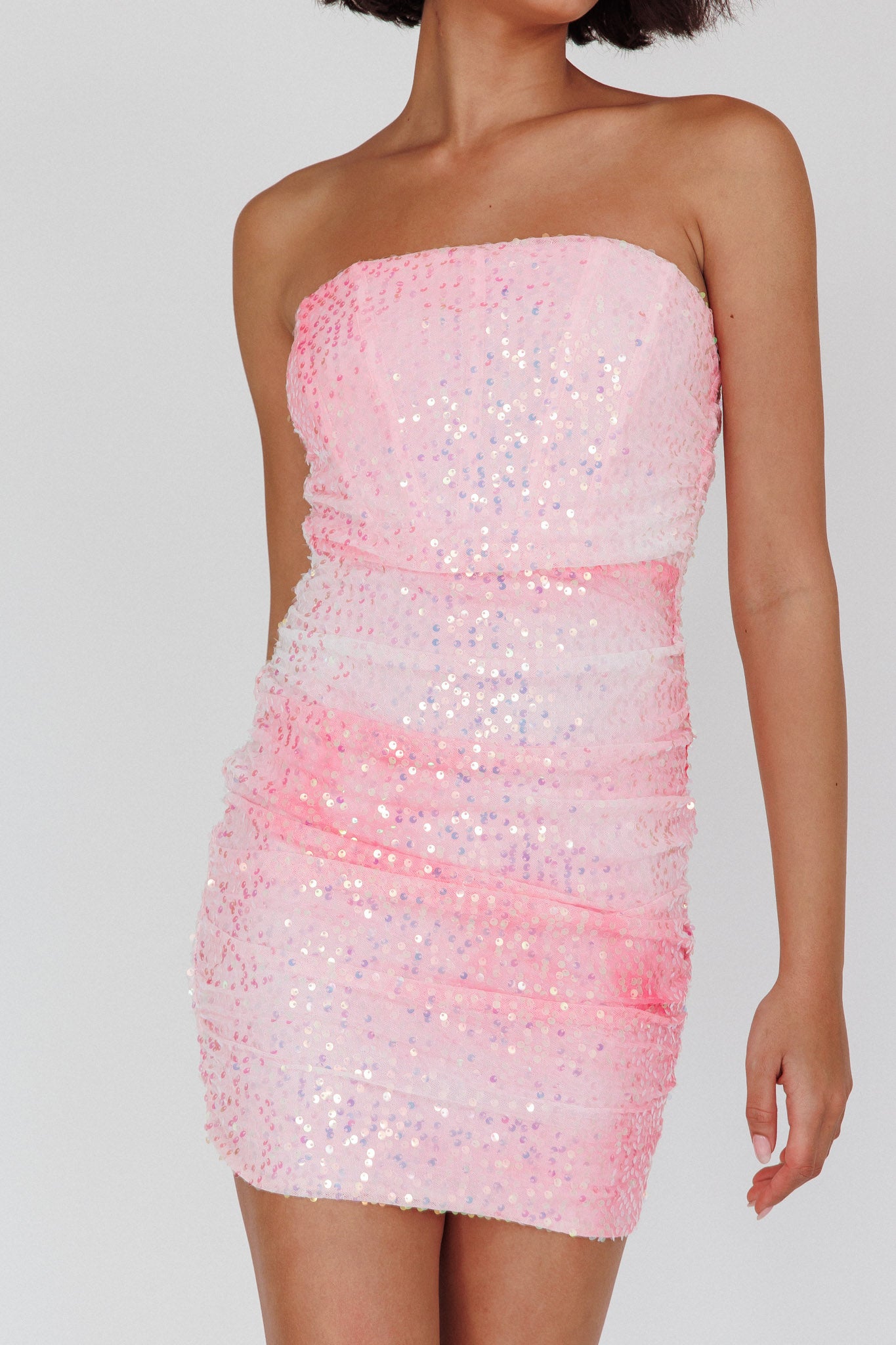 Calen Ruched Sequin Mini Dress Pink by Selfie Leslie Australia