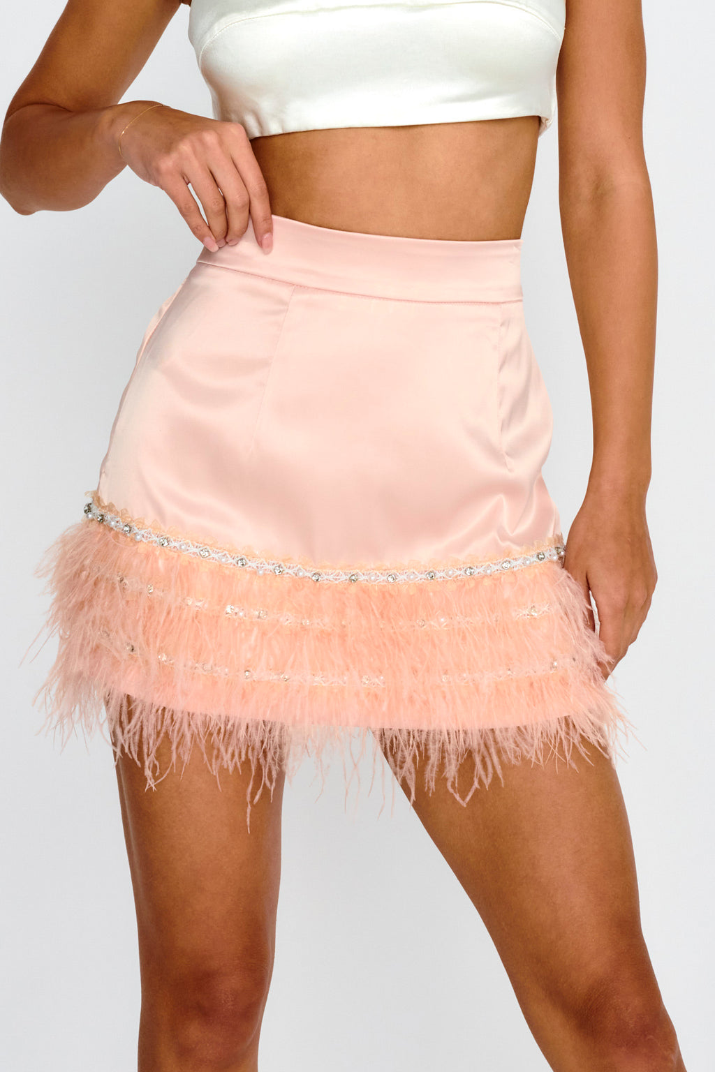 Sashay Feather Trim Mini Skirt Pink by Selfie Leslie Australia