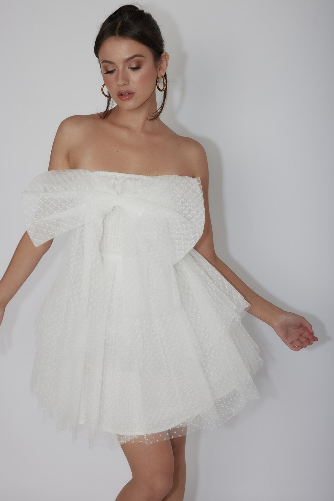 Deana Bow Bust Strapless Mini Dress Spotty White by Selfie Leslie Australia