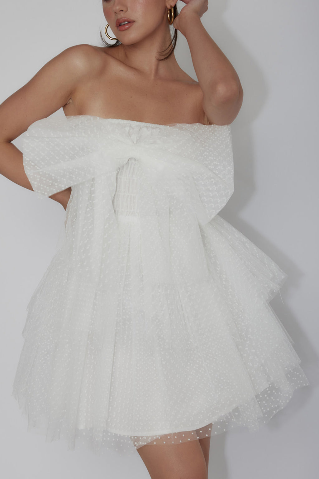 Deana Bow Bust Strapless Mini Dress Spotty White by Selfie Leslie Australia
