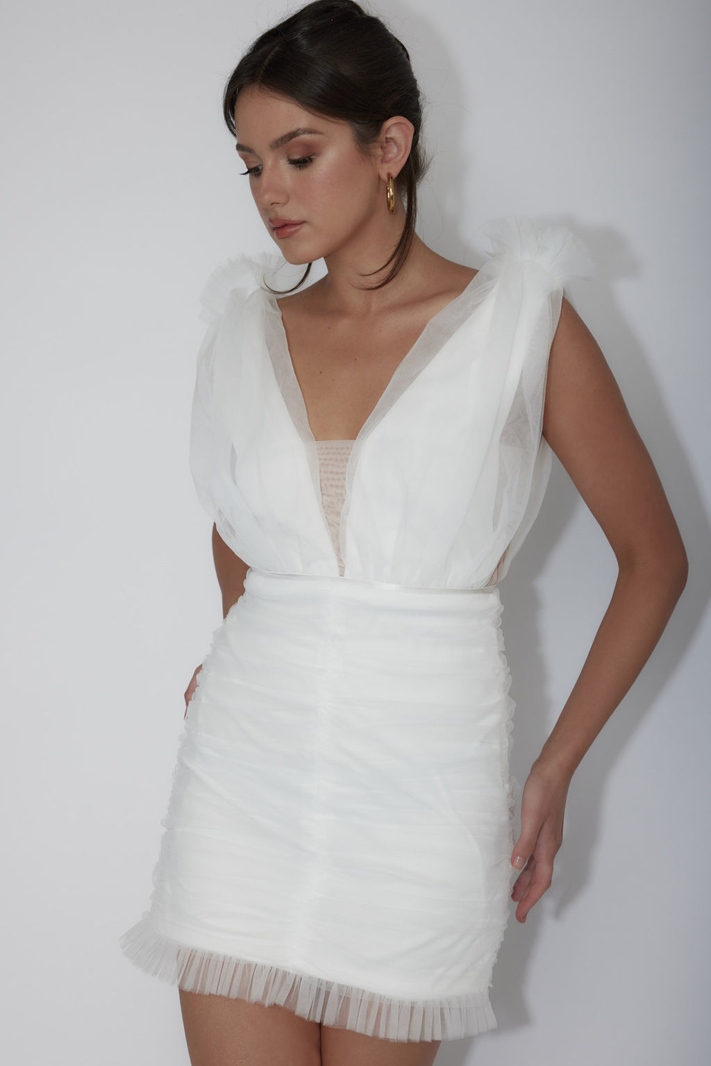 Gwedith Twist Bust Midi Dress Off White by Selfie Leslie Australia