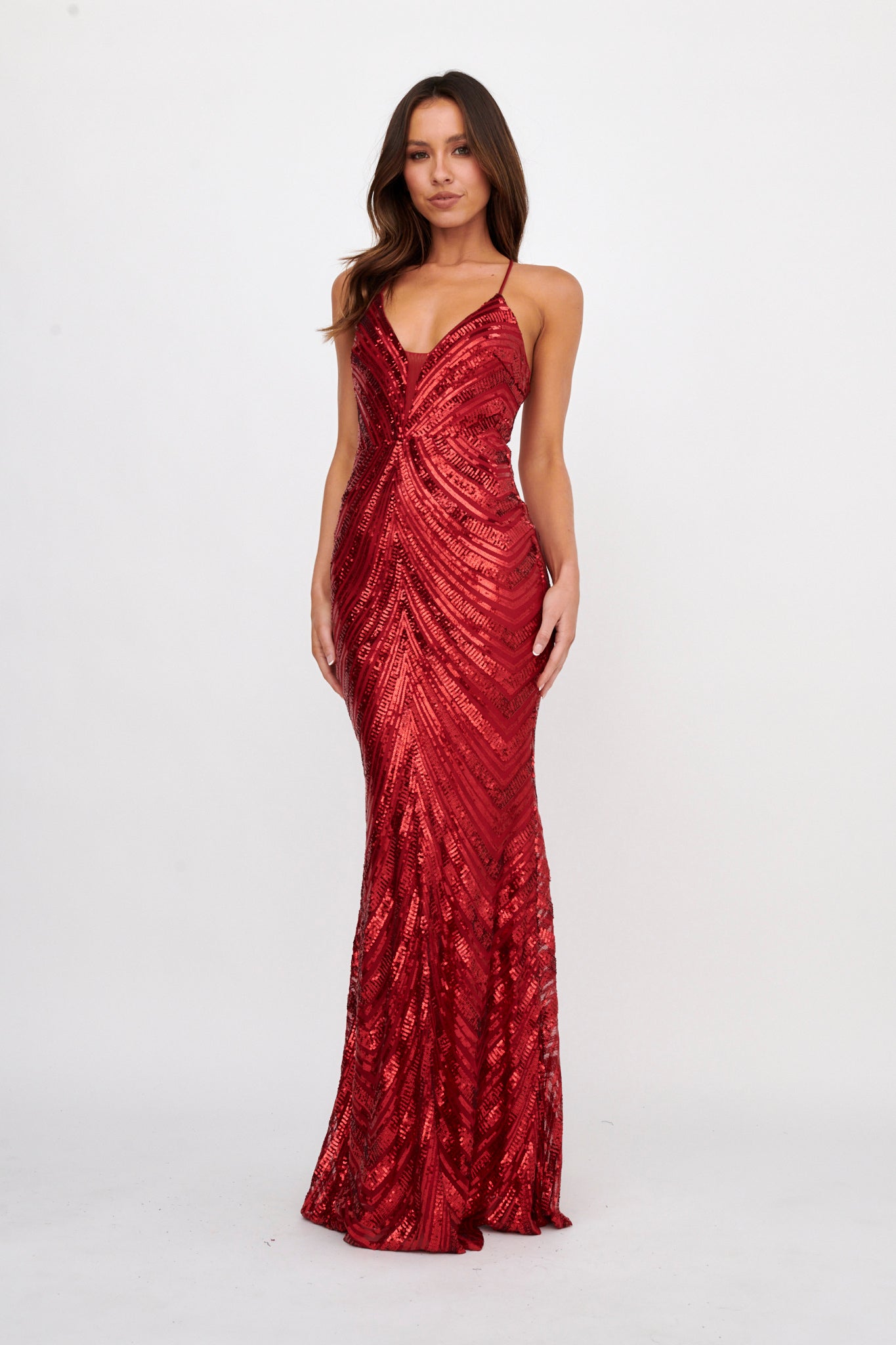 Dalila Open Tied Back Sequin Maxi Dress Red by Selfie Leslie Australia