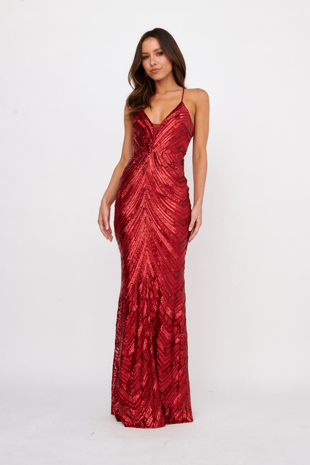 Dalila Open Tied Back Sequin Maxi Dress Red by Selfie Leslie Australia