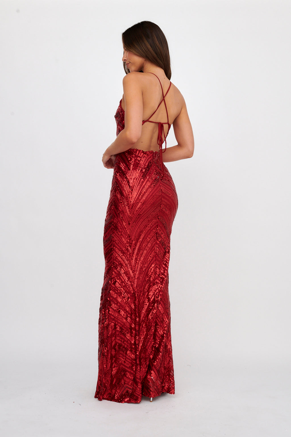 Dalila Open Tied Back Sequin Maxi Dress Red by Selfie Leslie Australia