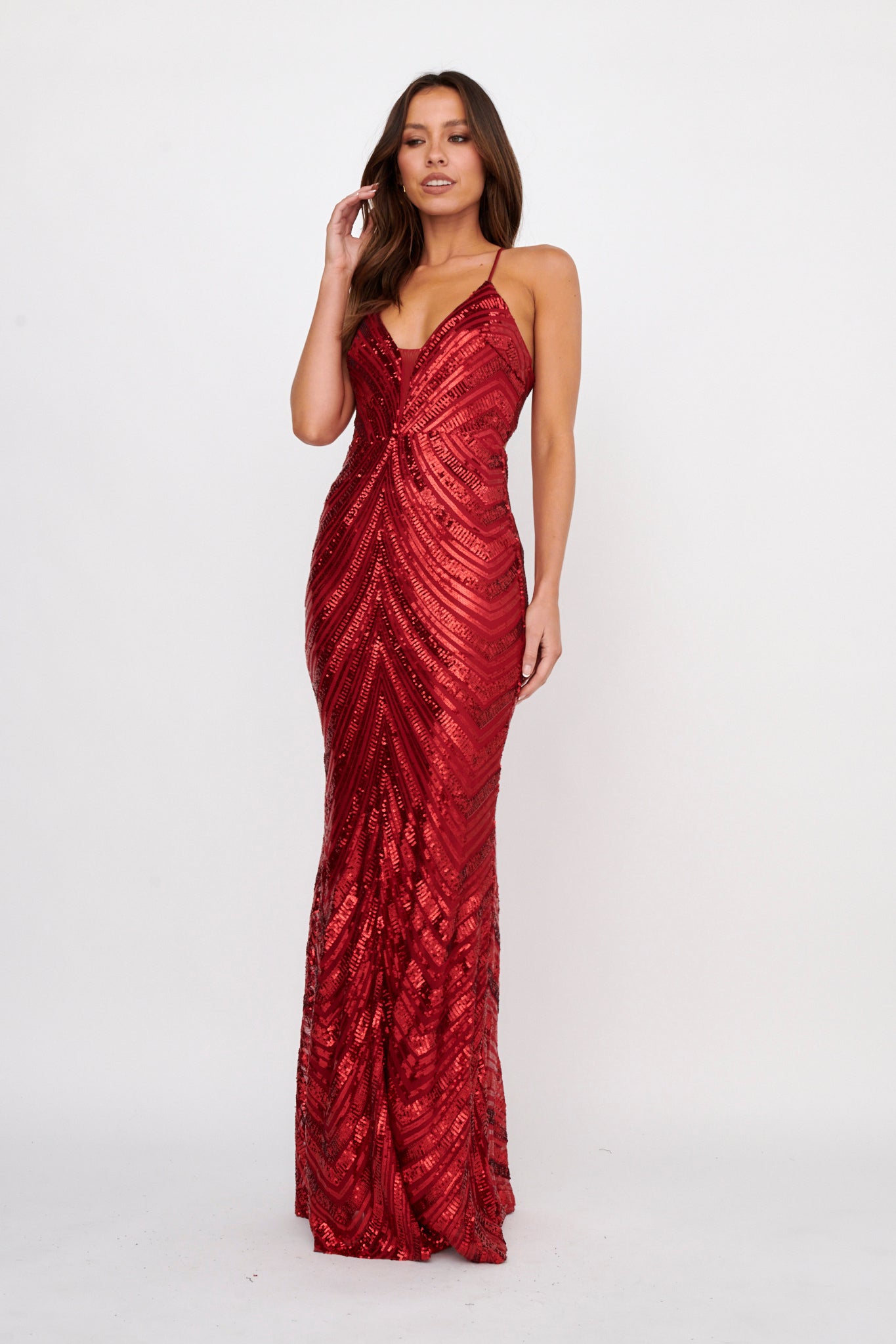 Dalila Open Tied Back Sequin Maxi Dress Red by Selfie Leslie Australia
