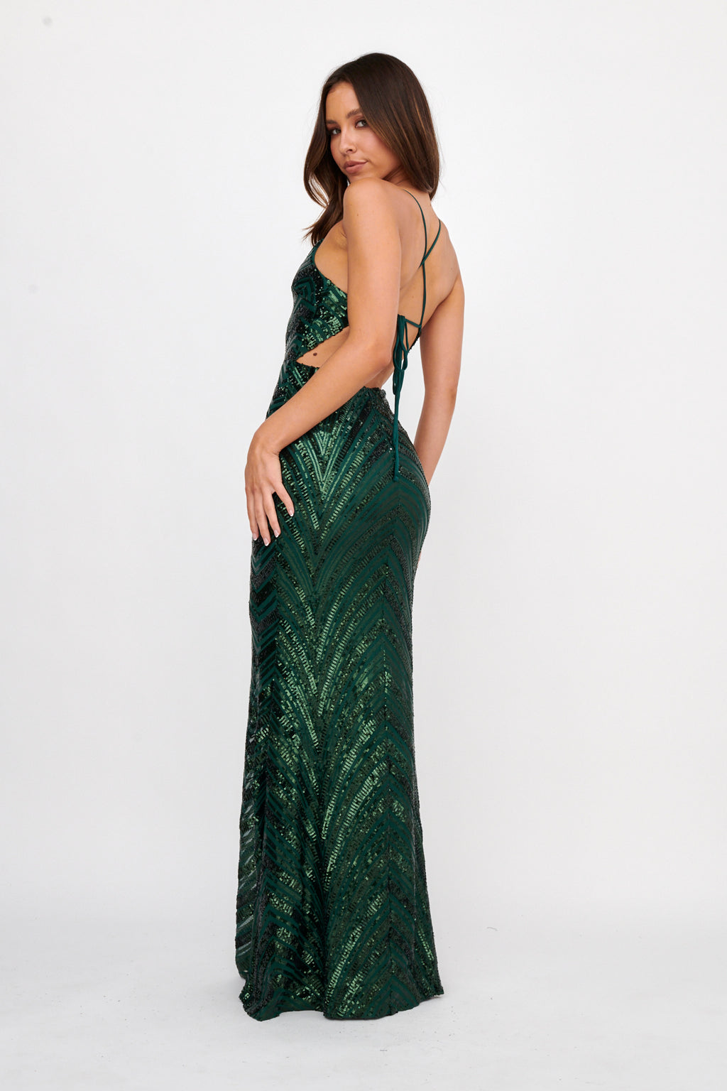 Dalila Open Tied Back Sequin Maxi Dress Hunter by Selfie Leslie Australia
