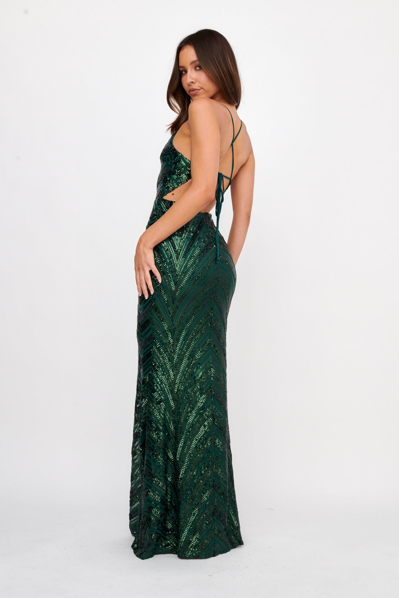 Dalila Open Tied Back Sequin Maxi Dress Hunter by Selfie Leslie Australia