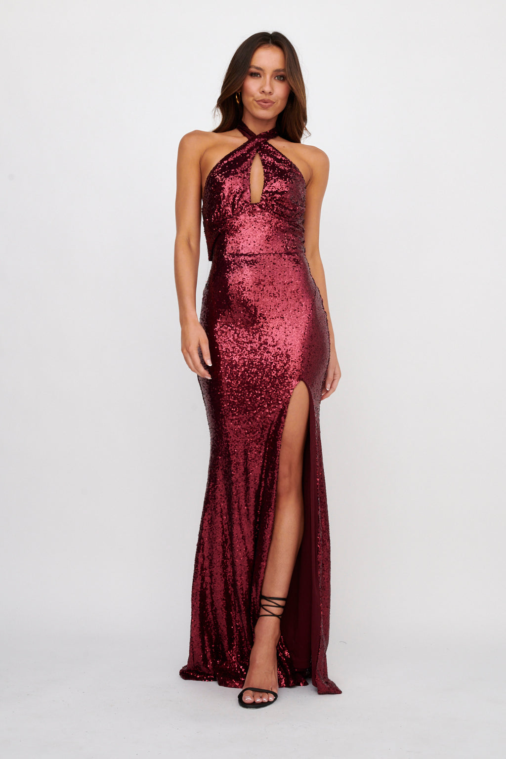 Rosella Halterneck Sequin Maxi Dress Burgundy by Selfie Leslie Australia