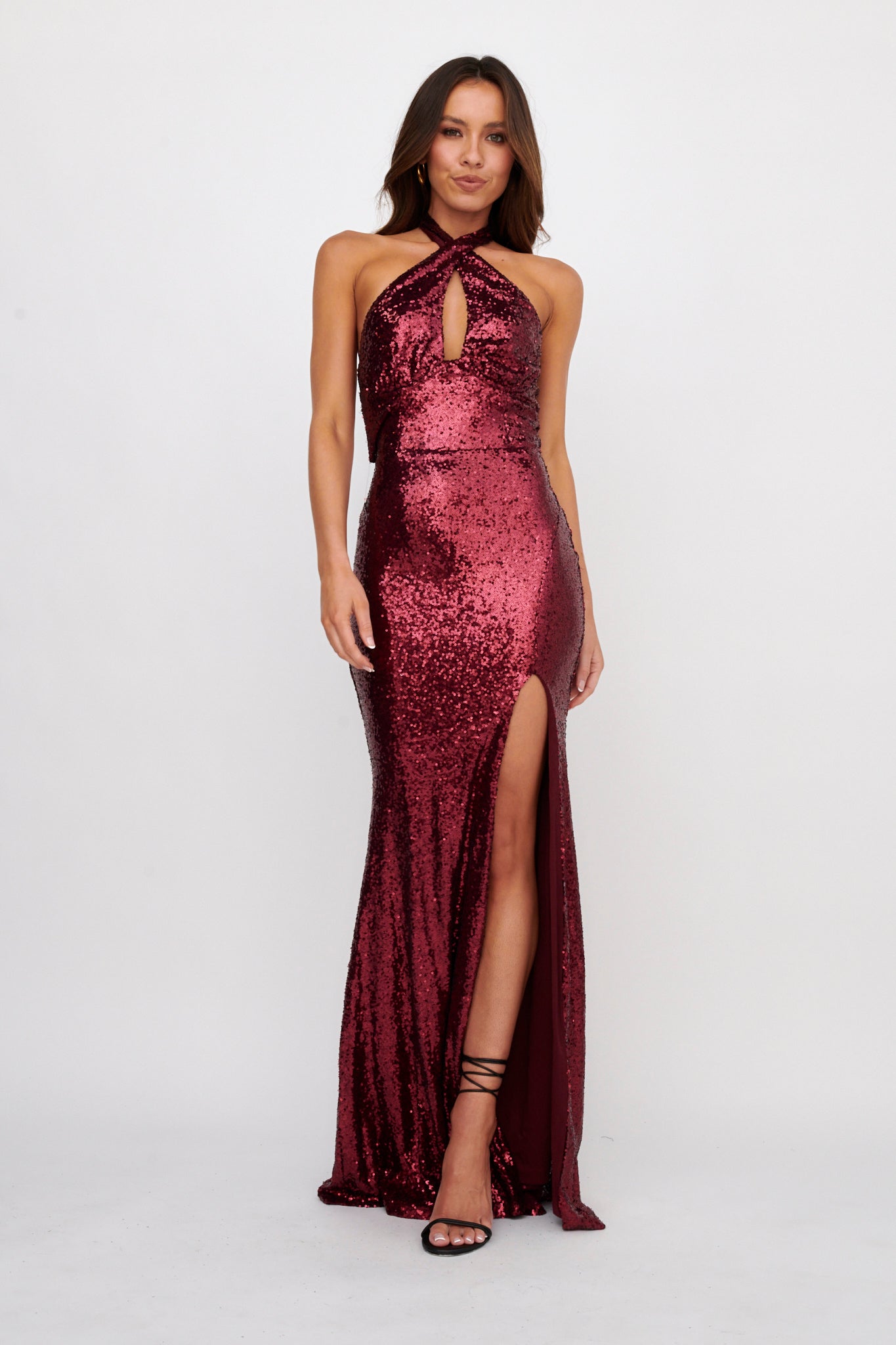 Rosella Halterneck Sequin Maxi Dress Burgundy by Selfie Leslie Australia