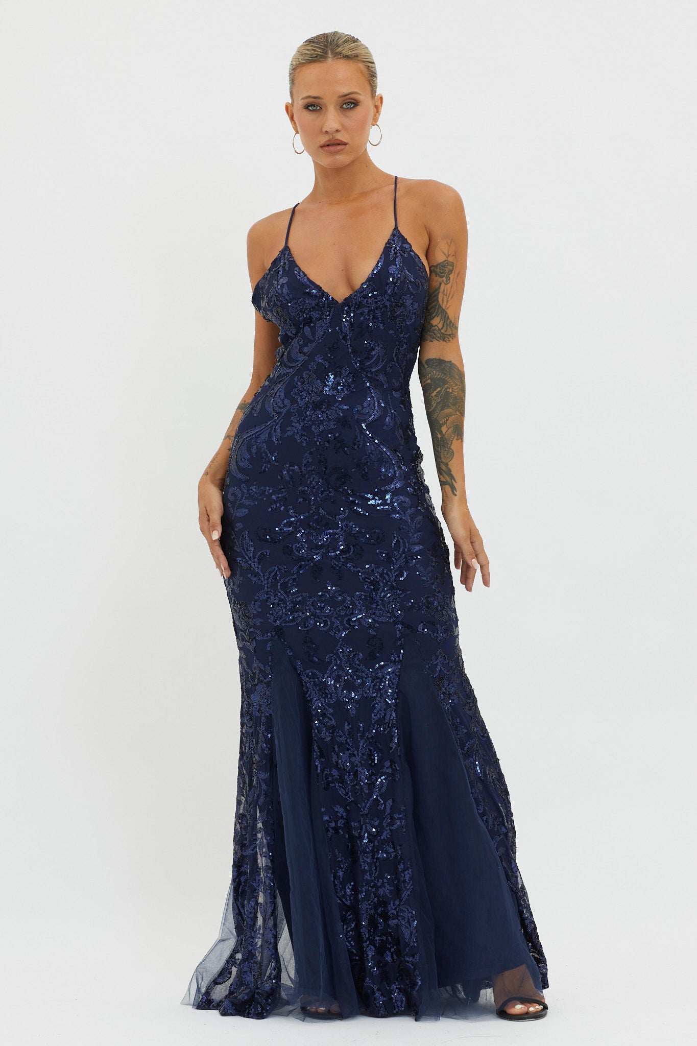 Serenade Song Godet Hem Sequin Maxi Dress Navy by Selfie Leslie Australia