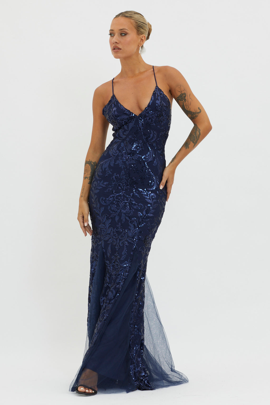 Serenade Song Godet Hem Sequin Maxi Dress Navy by Selfie Leslie Australia