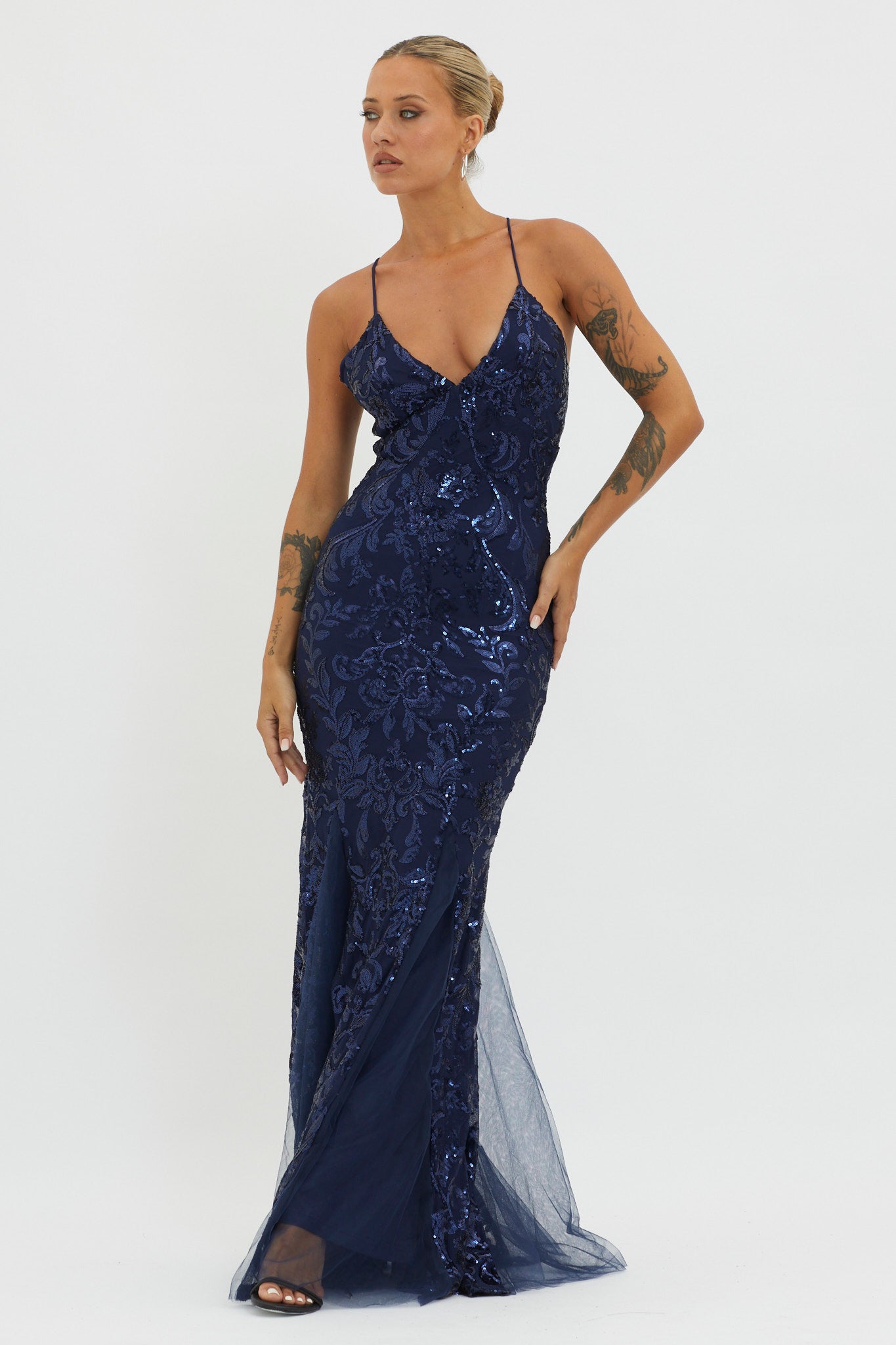 Serenade Song Godet Hem Sequin Maxi Dress Navy by Selfie Leslie Australia