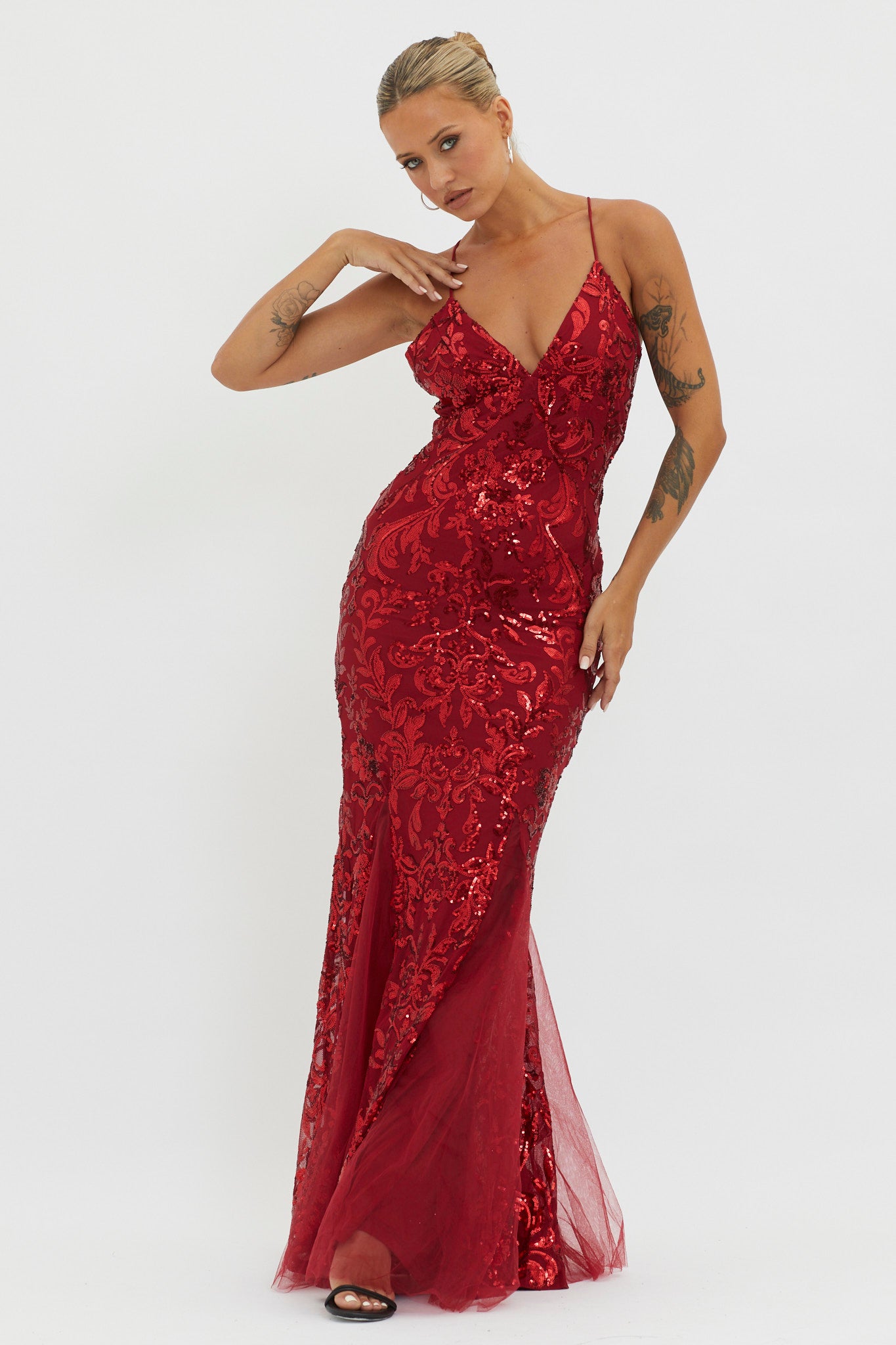 Serenade Song Godet Hem Sequin Maxi Dress Red by Selfie Leslie Australia