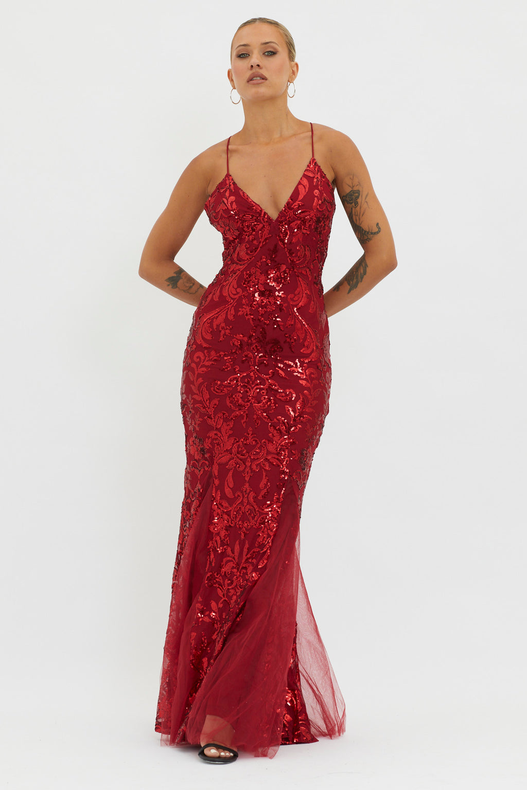 Serenade Song Godet Hem Sequin Maxi Dress Red by Selfie Leslie Australia