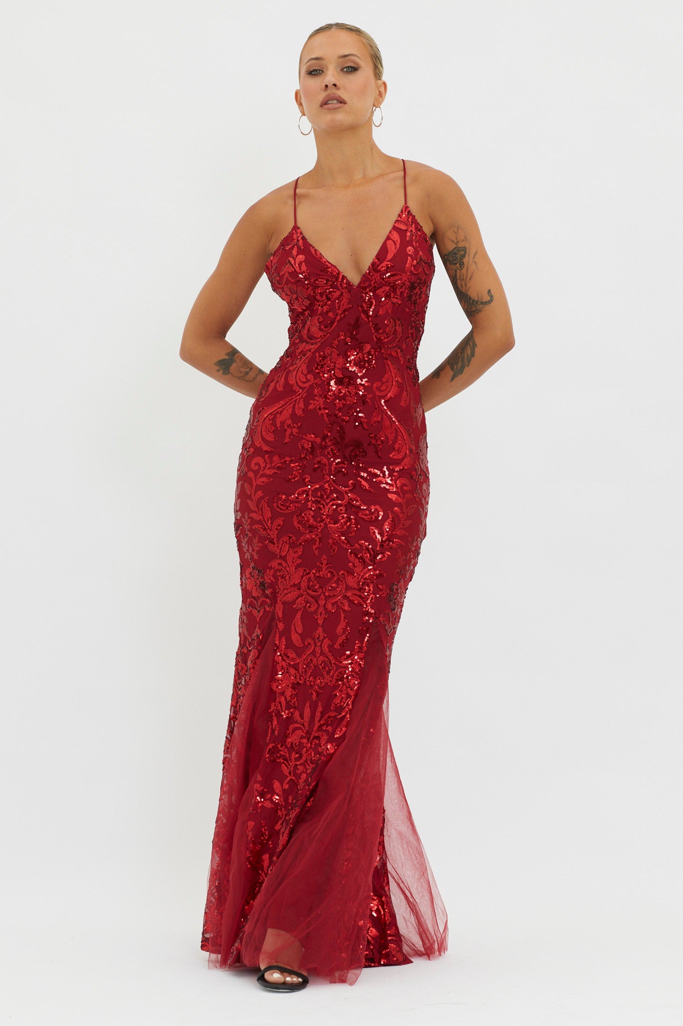 Serenade Song Godet Hem Sequin Maxi Dress Red by Selfie Leslie Australia