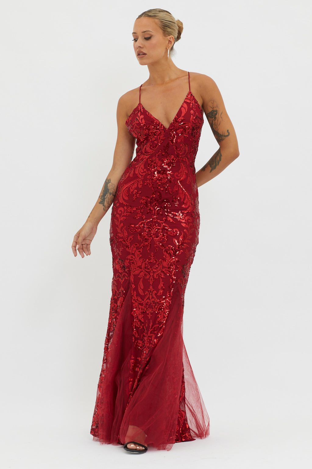Serenade Song Godet Hem Sequin Maxi Dress Red by Selfie Leslie Australia