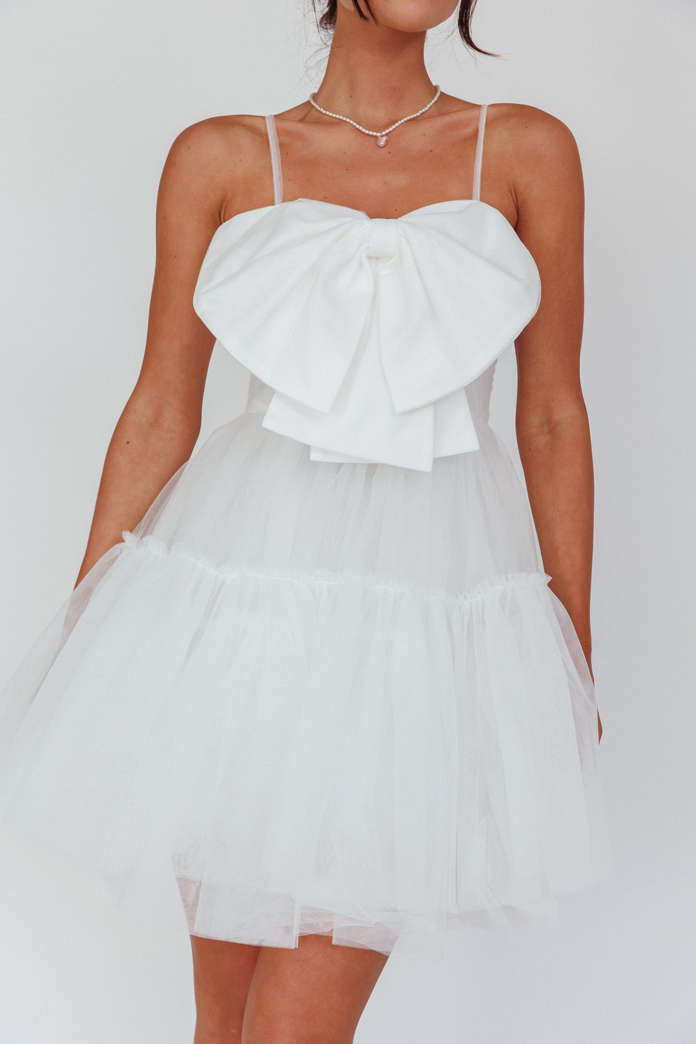 True Wish Bow Tulle Mini Dress White by Selfie Leslie Australia
