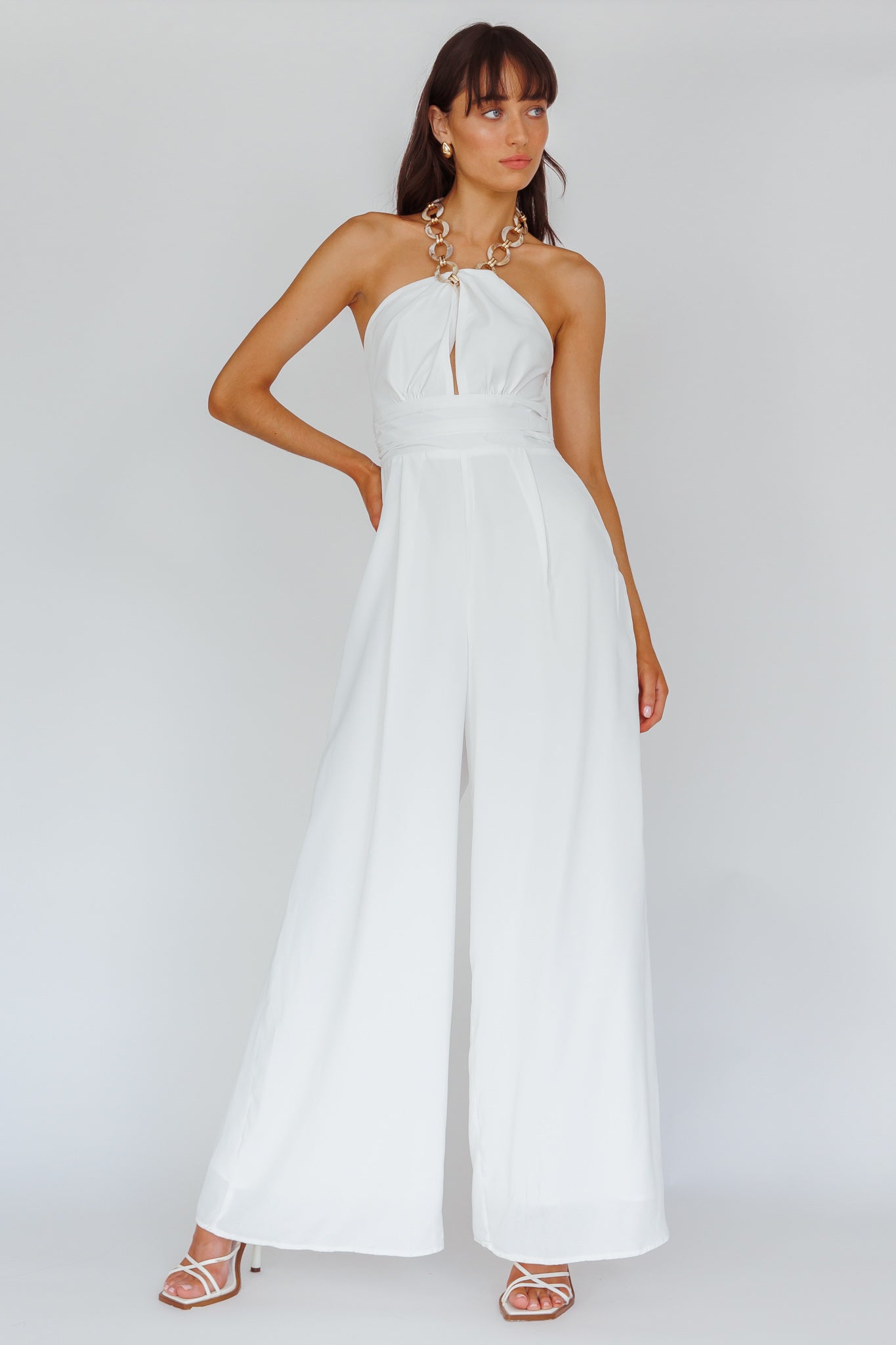 Golden Moon Chain Halter Jumpsuit White by Selfie Leslie Australia