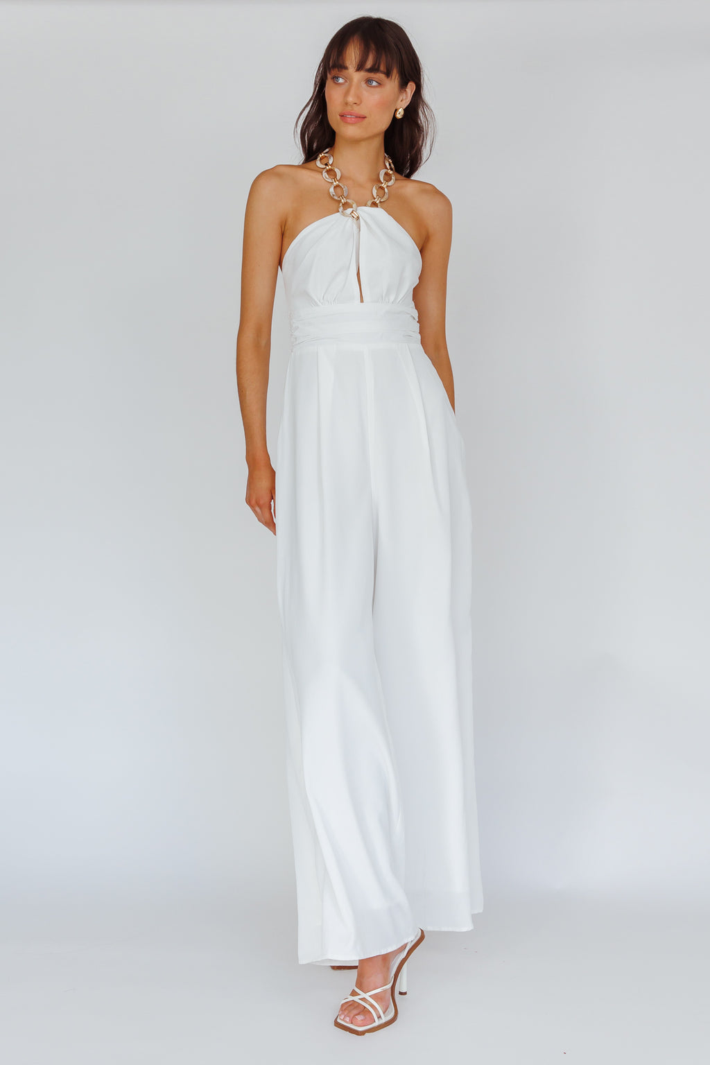 Golden Moon Chain Halter Jumpsuit White by Selfie Leslie Australia