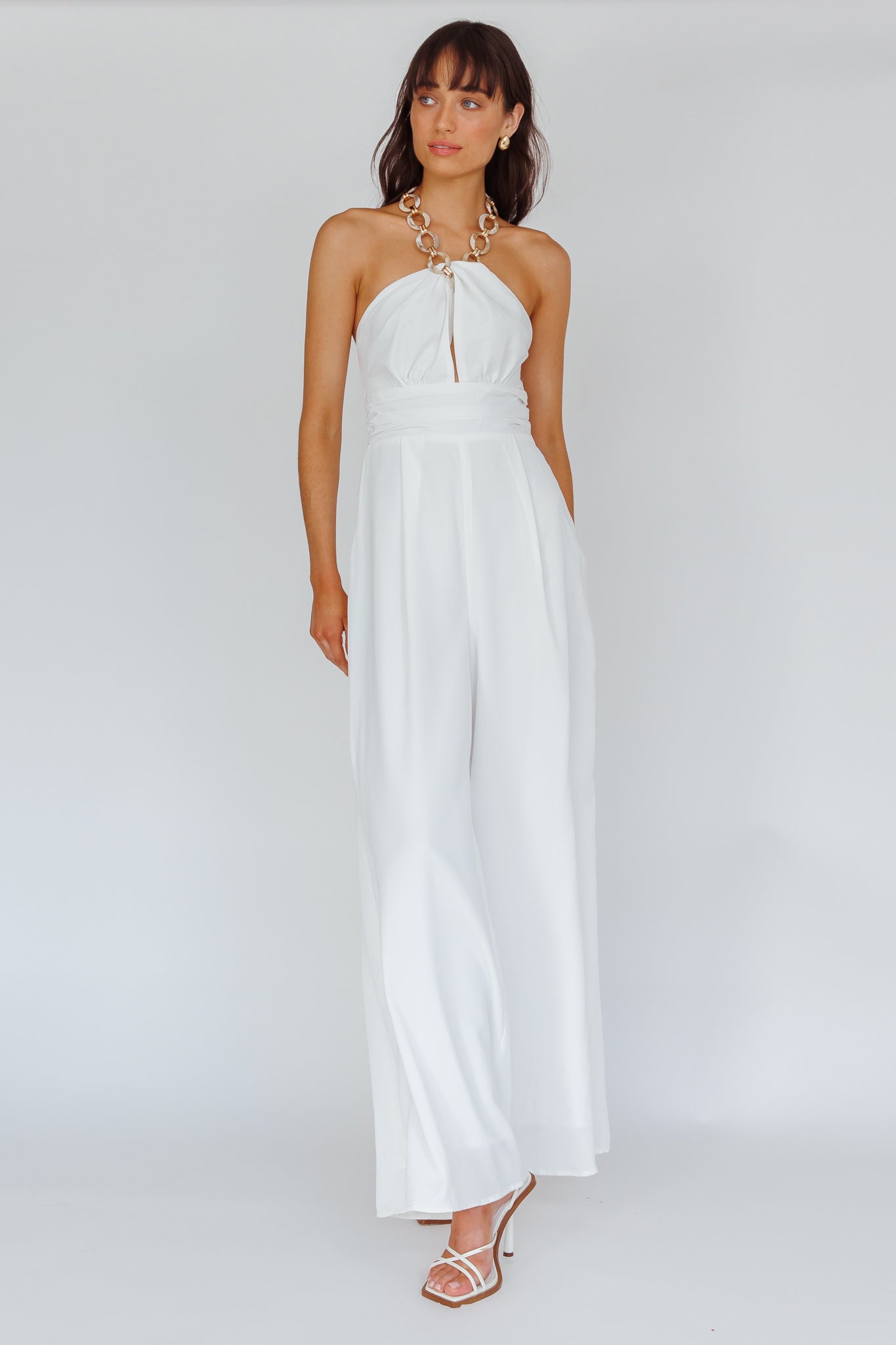 Golden Moon Chain Halter Jumpsuit White by Selfie Leslie Australia