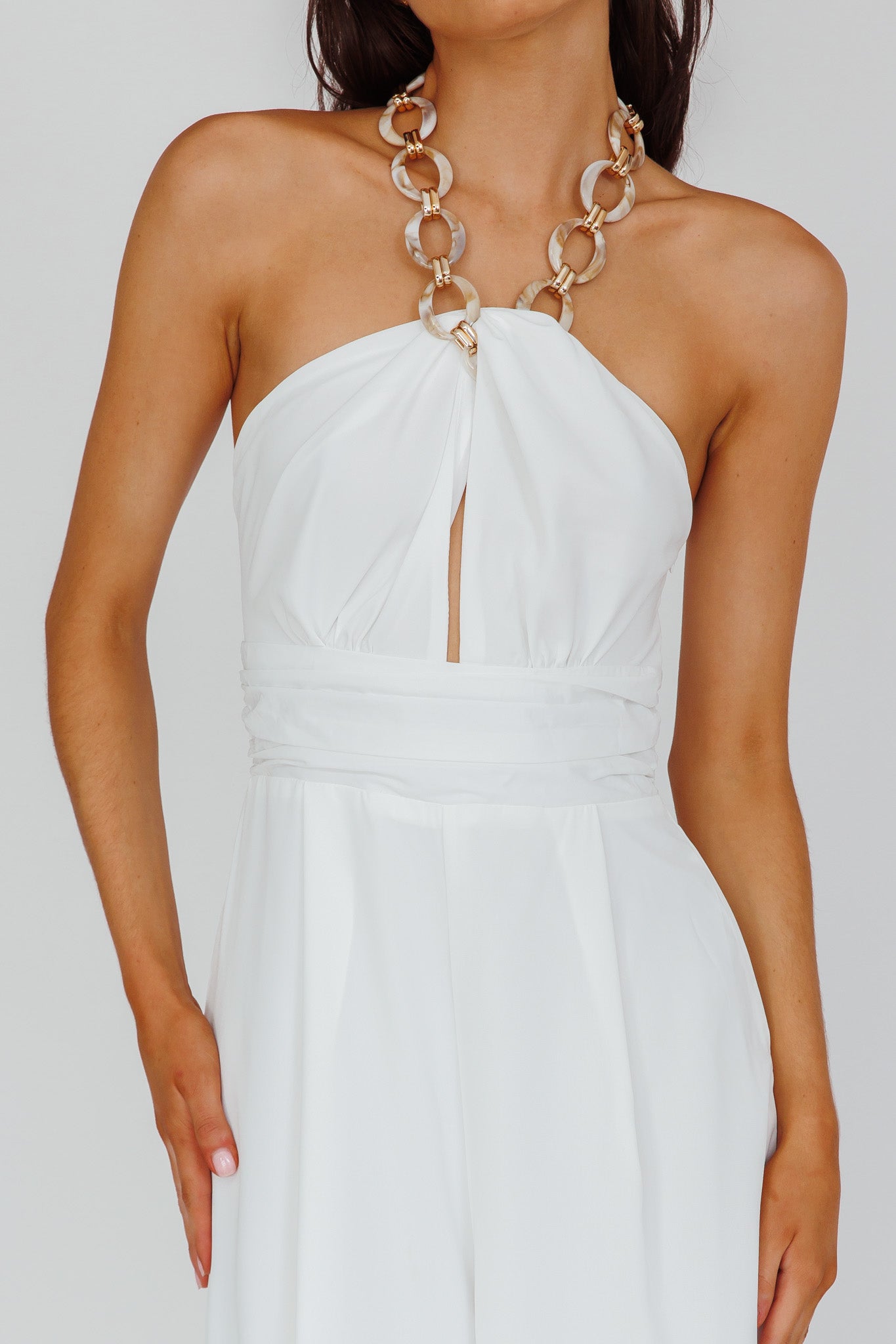 Golden Moon Chain Halter Jumpsuit White by Selfie Leslie Australia