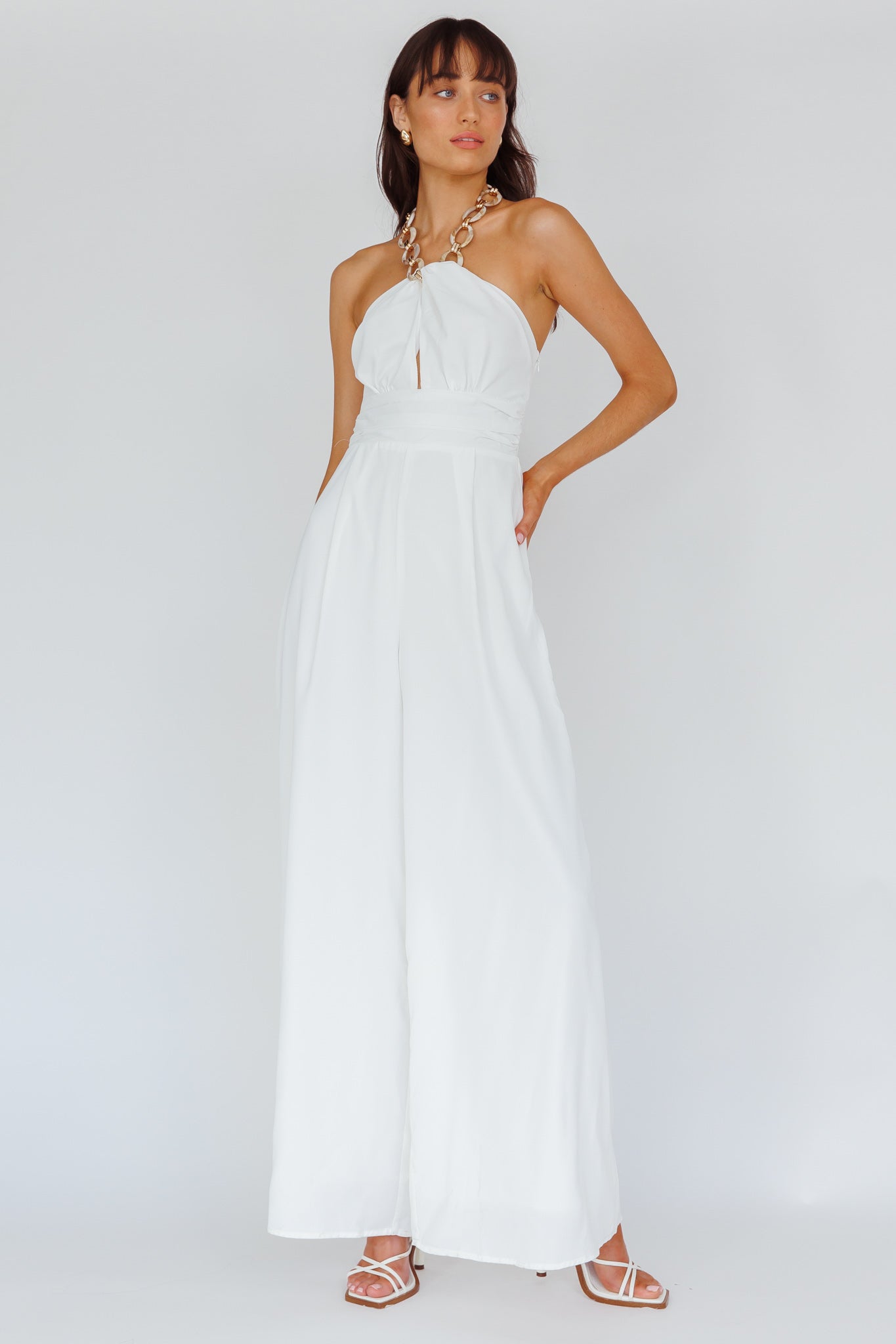 Golden Moon Chain Halter Jumpsuit White by Selfie Leslie Australia