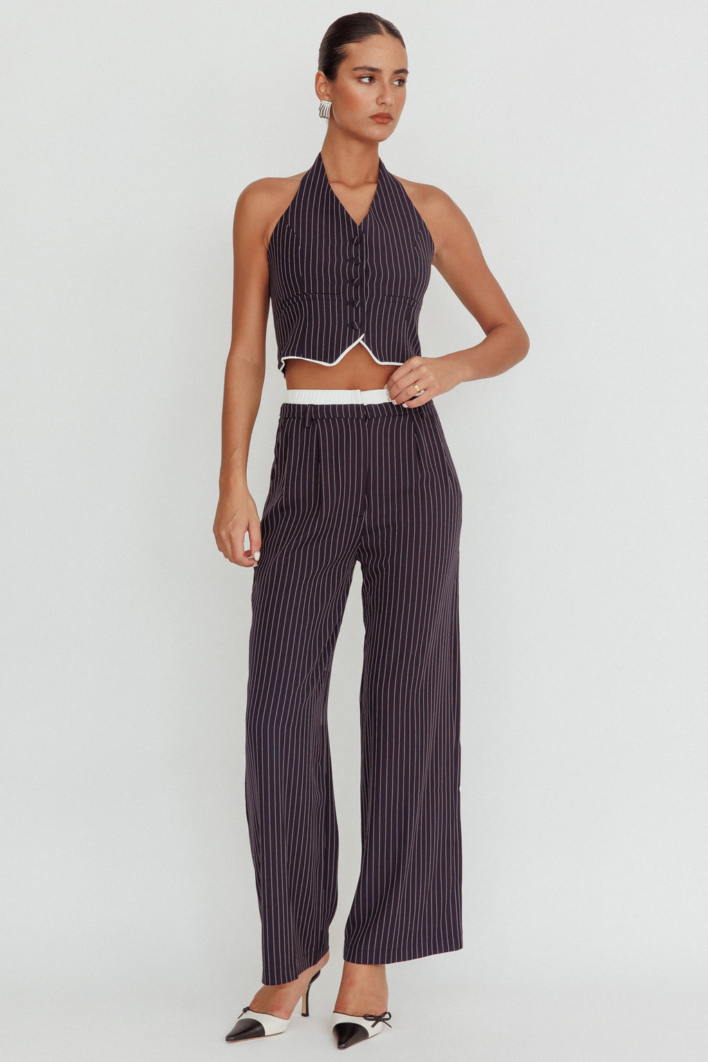 Lilija Pinstripe Double Waistband Wide-Leg Pants Navy by Selfie Leslie Australia