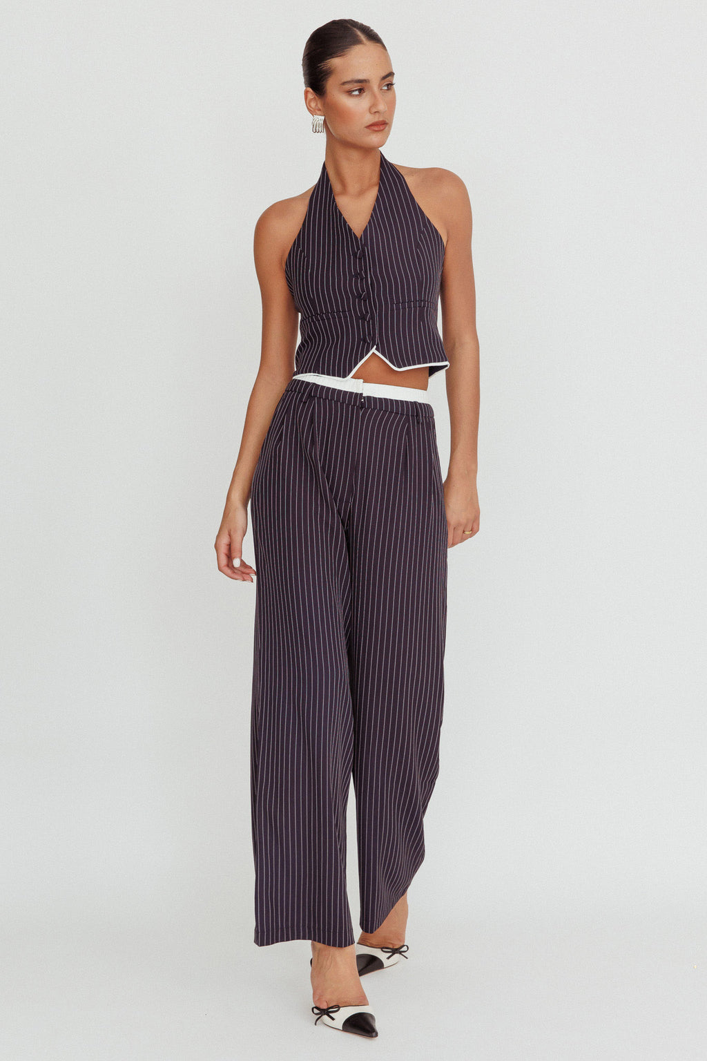 Lilija Pinstripe Double Waistband Wide-Leg Pants Navy by Selfie Leslie Australia