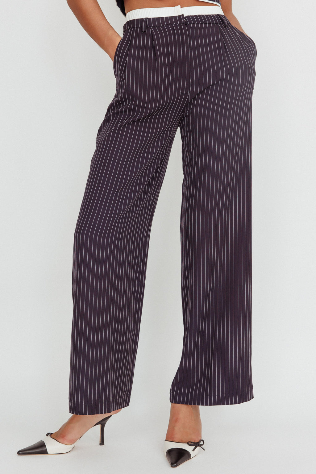 Lilija Pinstripe Double Waistband Wide-Leg Pants Navy by Selfie Leslie Australia