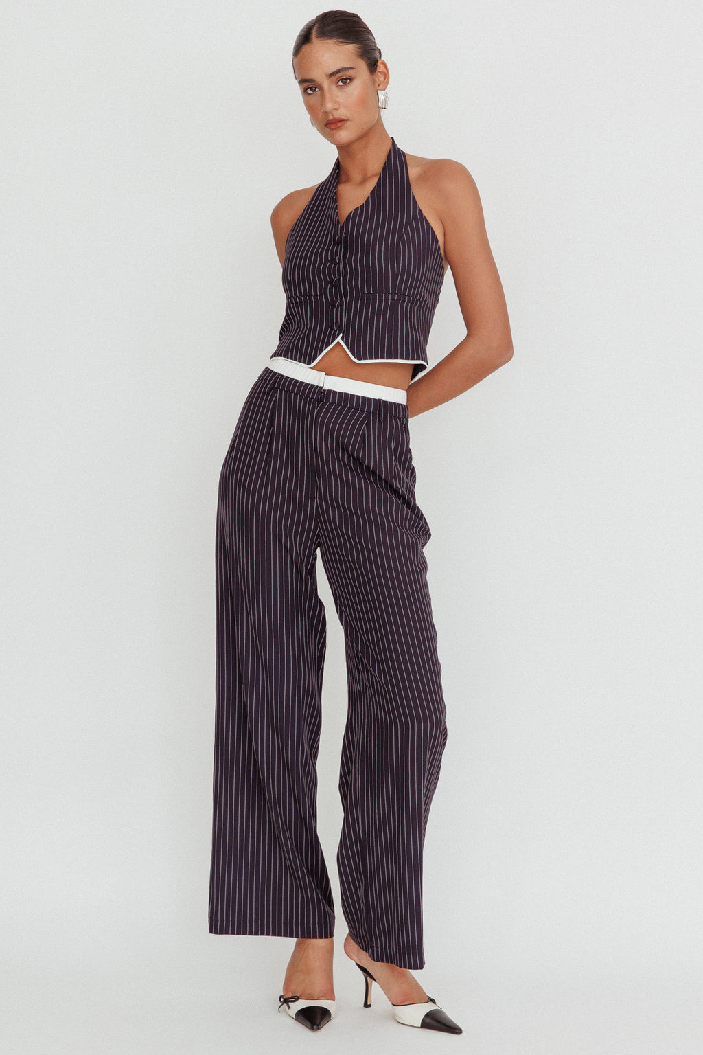 Lilija Pinstripe Double Waistband Wide-Leg Pants Navy by Selfie Leslie Australia