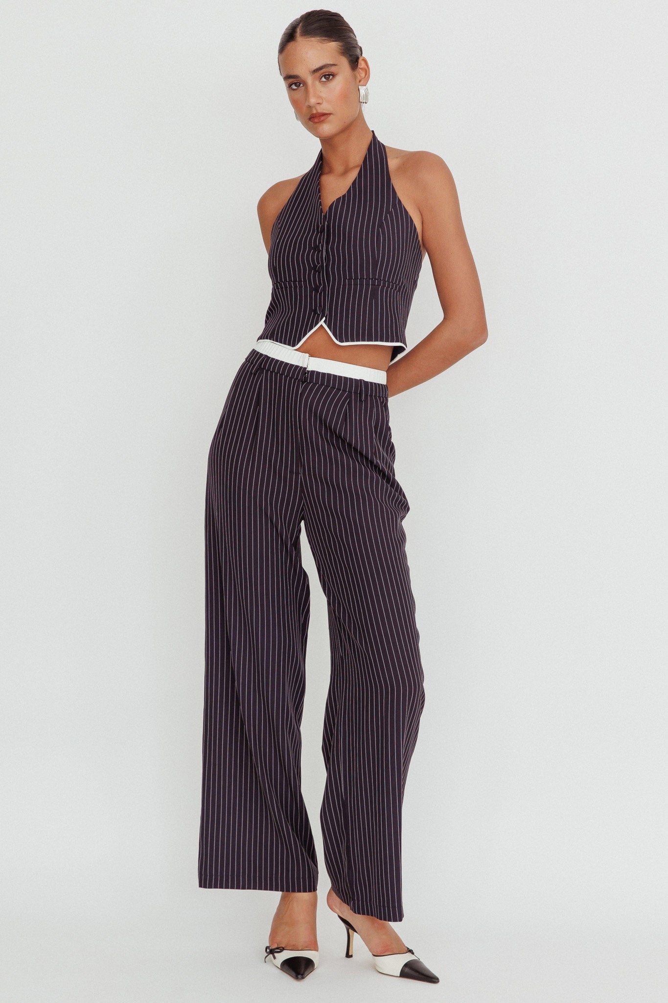 Lilija Pinstripe Double Waistband Wide-Leg Pants Navy by Selfie Leslie Australia