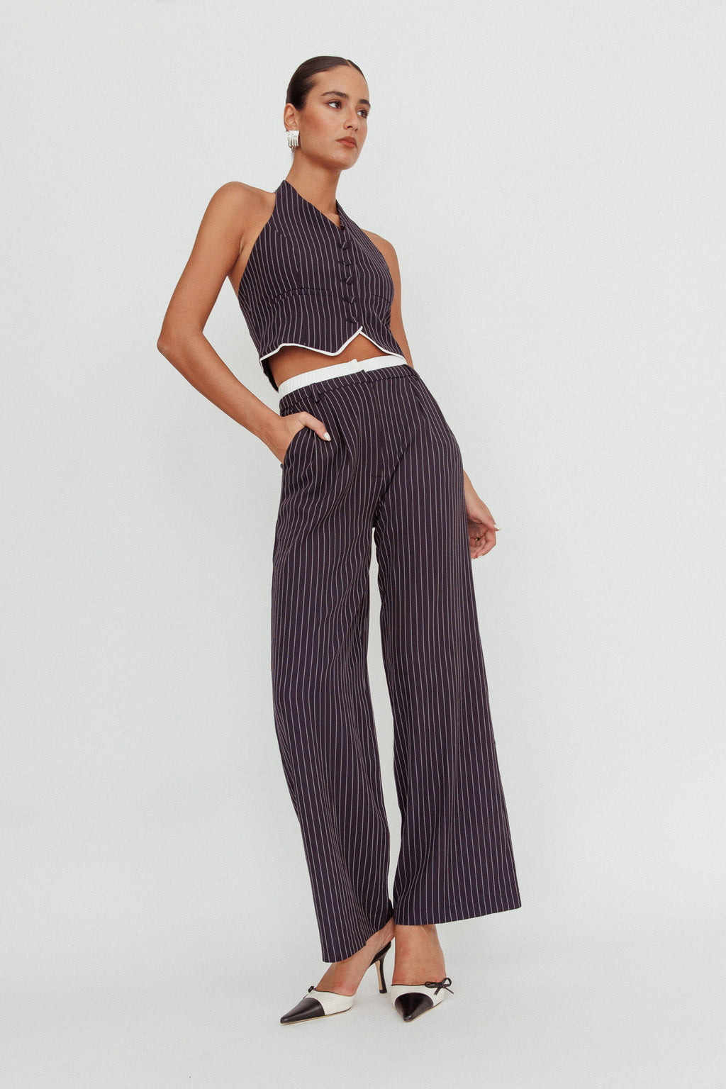 Lilija Pinstripe Double Waistband Wide-Leg Pants Navy by Selfie Leslie Australia