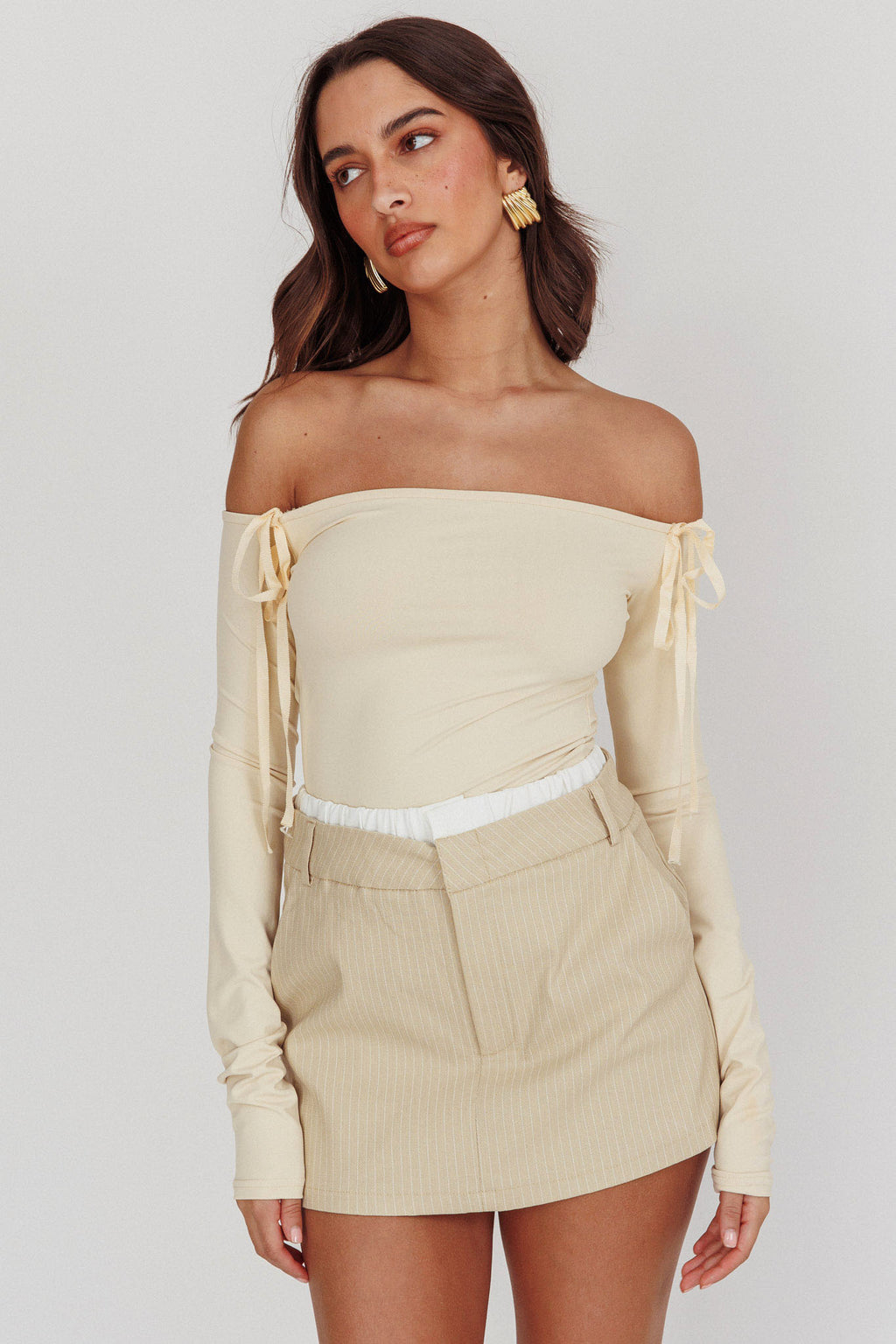 Rhian Pinstripe Double Waistband Skort Beige White by Selfie Leslie Australia