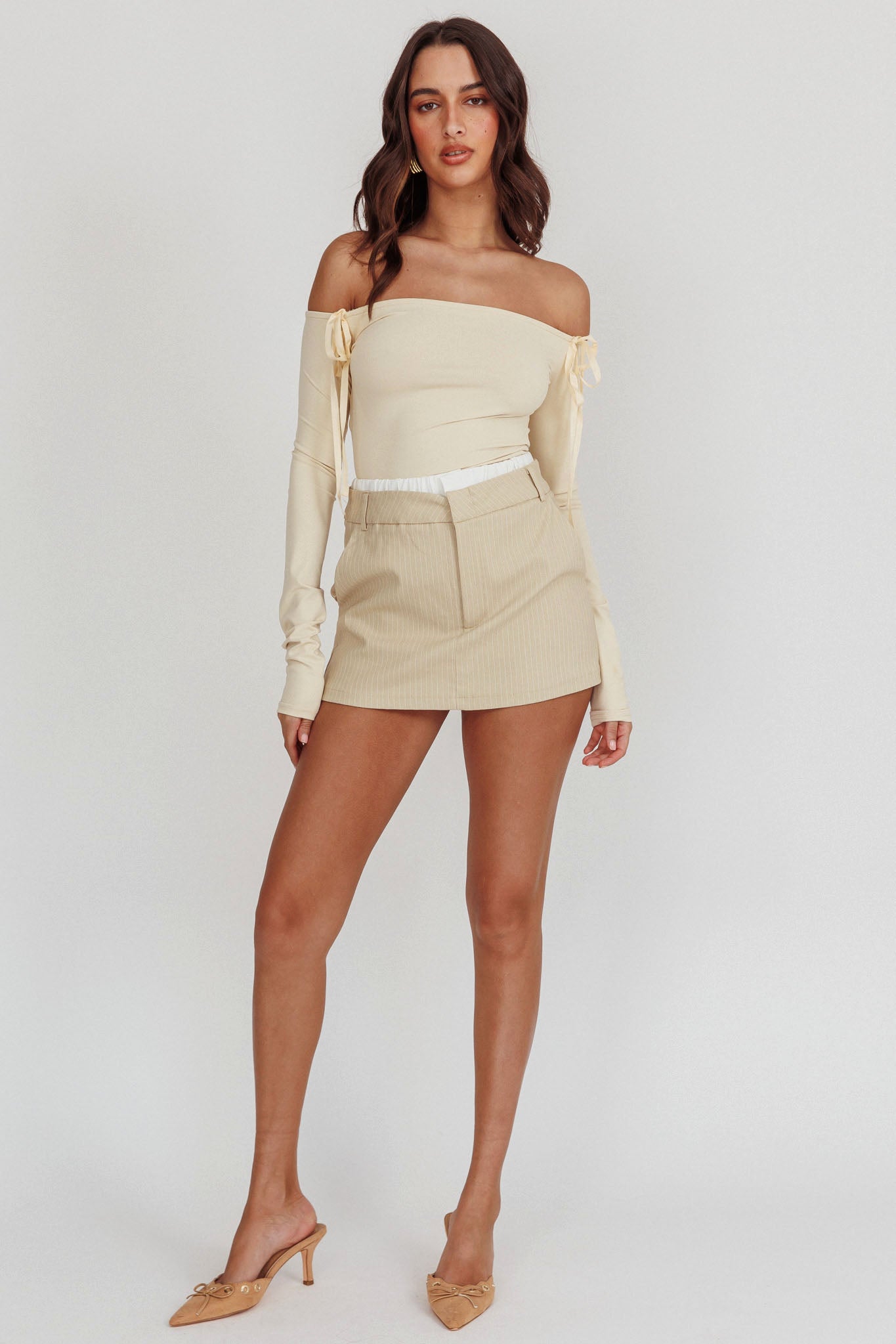 Rhian Pinstripe Double Waistband Skort Beige White by Selfie Leslie Australia