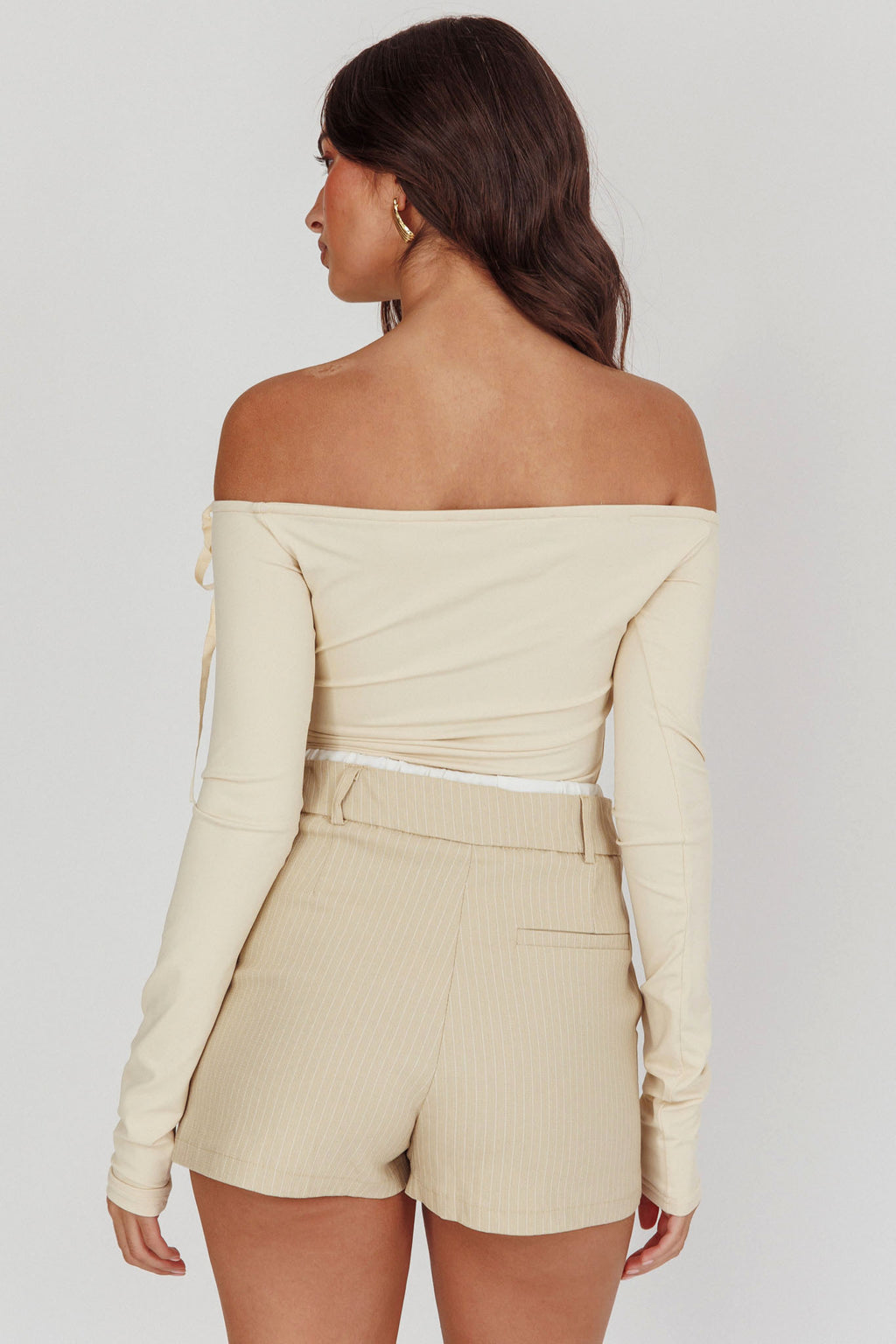 Rhian Pinstripe Double Waistband Skort Beige White by Selfie Leslie Australia