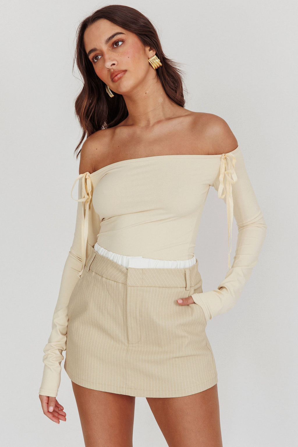 Rhian Pinstripe Double Waistband Skort Beige White by Selfie Leslie Australia