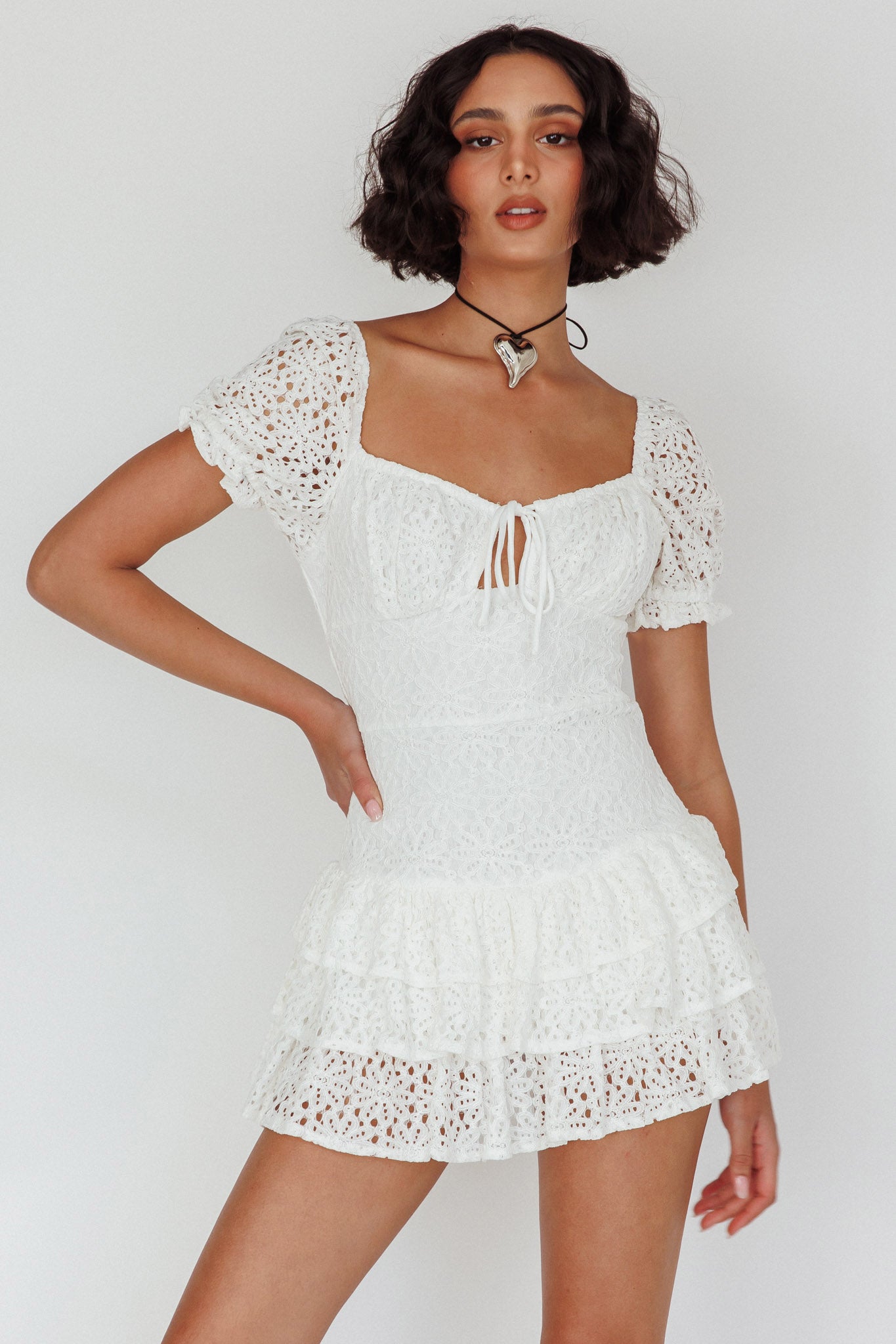 Vanda Layered Ruffle Lace Mini Dress White by Selfie Leslie Australia