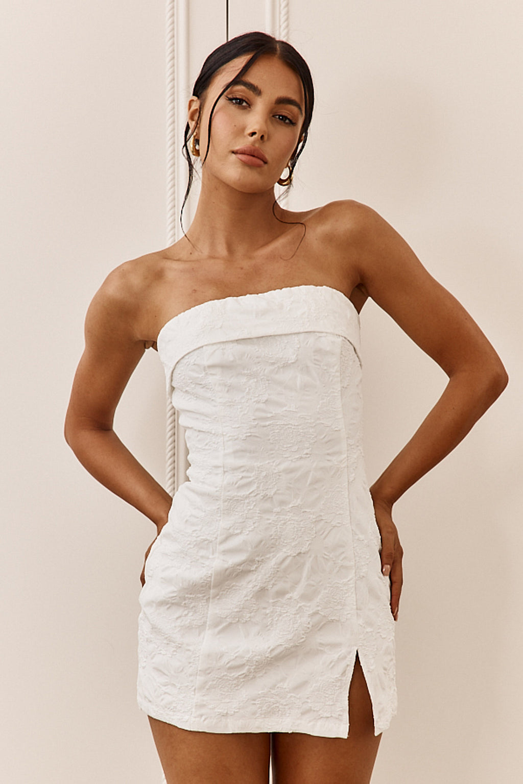 Kamila Strapless Embroidered Romper White by Selfie Leslie Australia