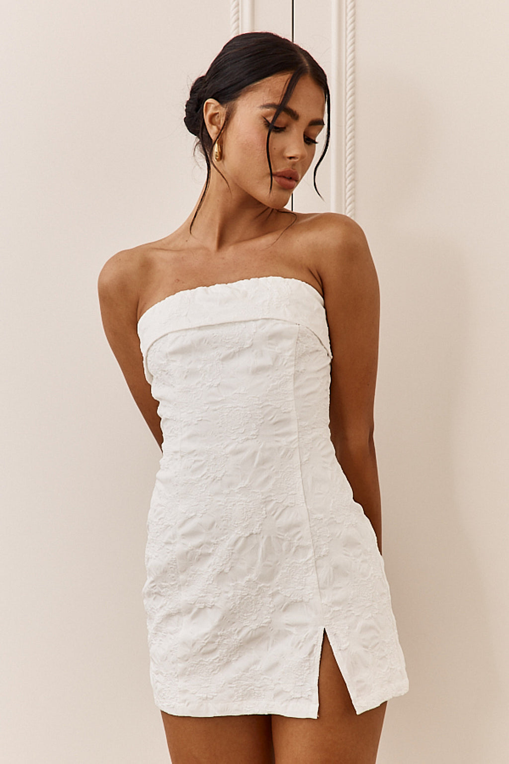 Kamila Strapless Embroidered Romper White by Selfie Leslie Australia