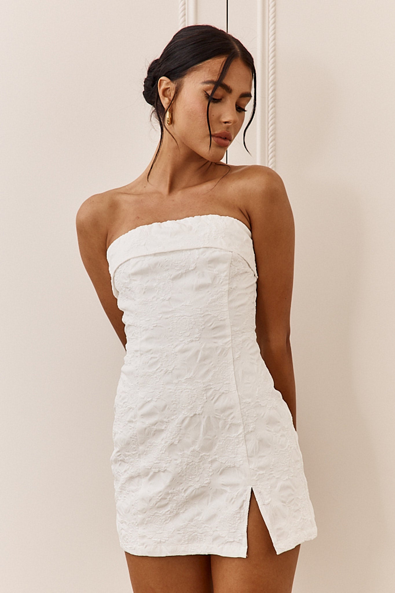 Kamila Strapless Embroidered Romper White by Selfie Leslie Australia