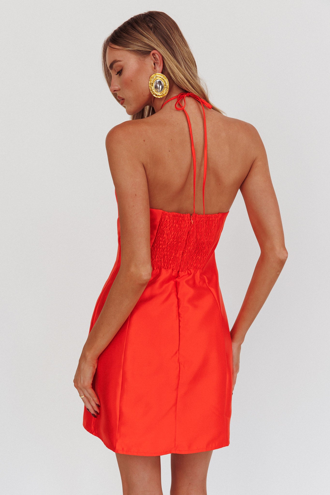 falon brown red dress red halter neck mini dress Falon Halter Bow Neck Mini Dress Red