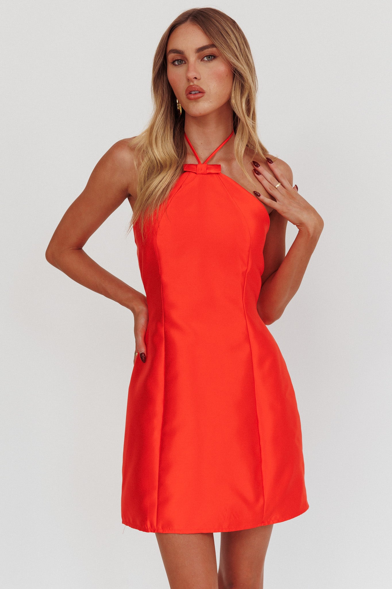 Falon Halter Bow Neck Mini Dress Red by Selfie Leslie Australia